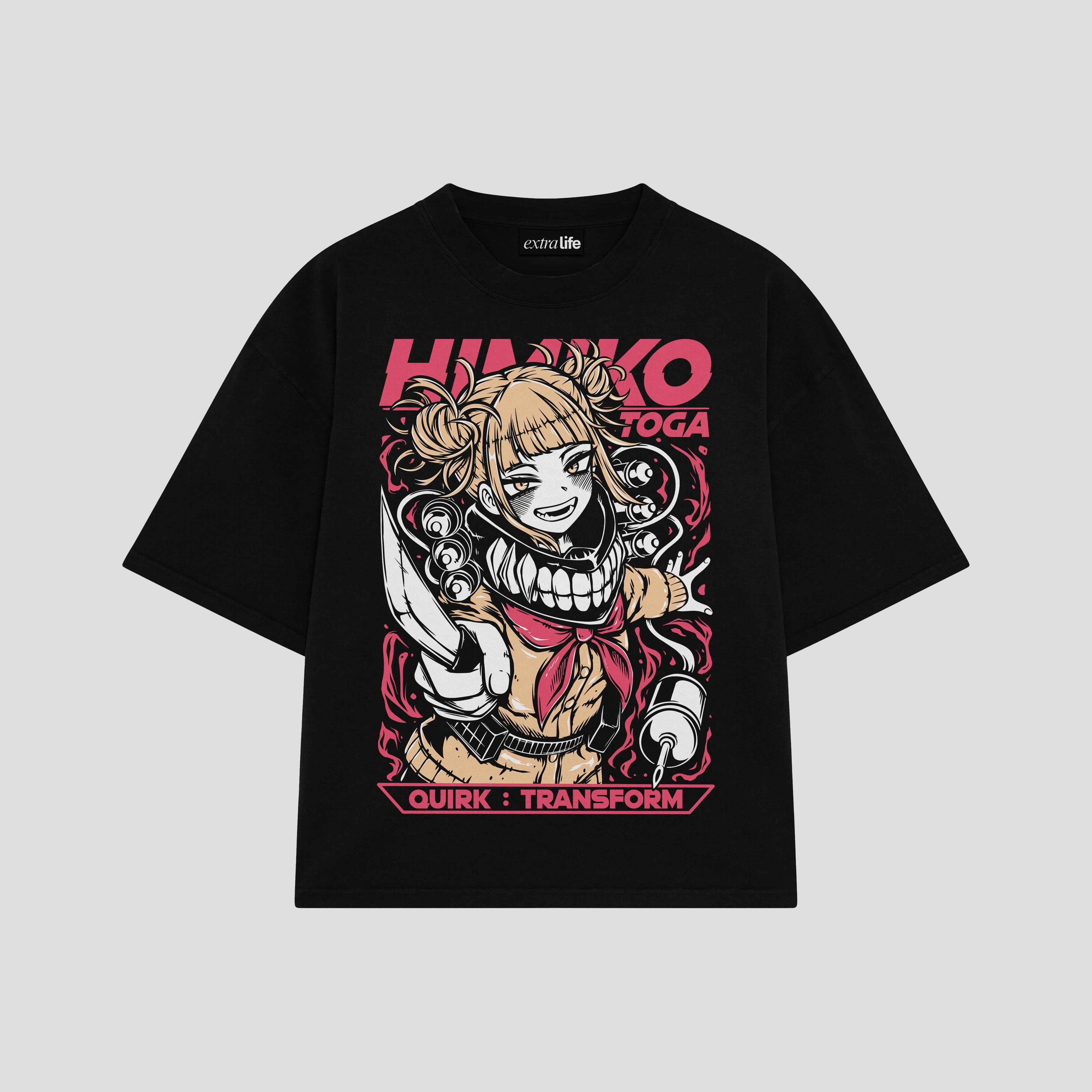 Playera streetwear premium de anime y gaming ExtraLife MX, corte boxy oversized drop shoulder heavyweight en color Deep Black y Off-White, moda urbana mexicana de culto.