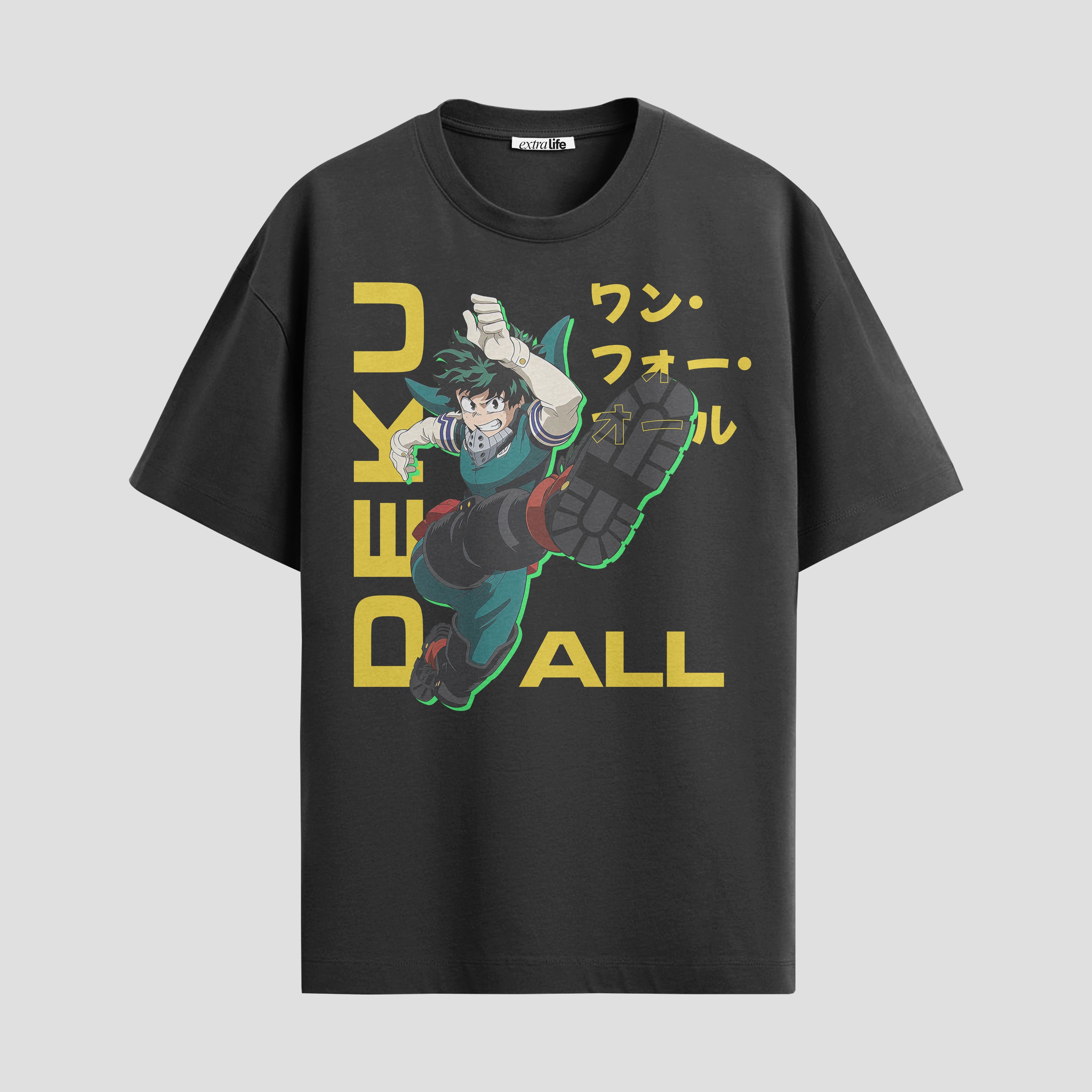 Playera urbana de anime y gaming ExtraLife MX, corte Standard Fit unisex ligero y transpirable en color Deep Black y Pure White, ropa de uso diario para gym y casual.