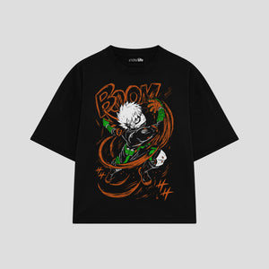 Playera streetwear premium de anime y gaming ExtraLife MX, corte boxy oversized drop shoulder heavyweight en color Deep Black y Off-White, moda urbana mexicana de culto.