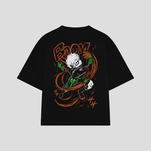 Playera streetwear premium de anime y gaming ExtraLife MX, corte boxy oversized drop shoulder heavyweight en color Deep Black y Off-White, moda urbana mexicana de culto.