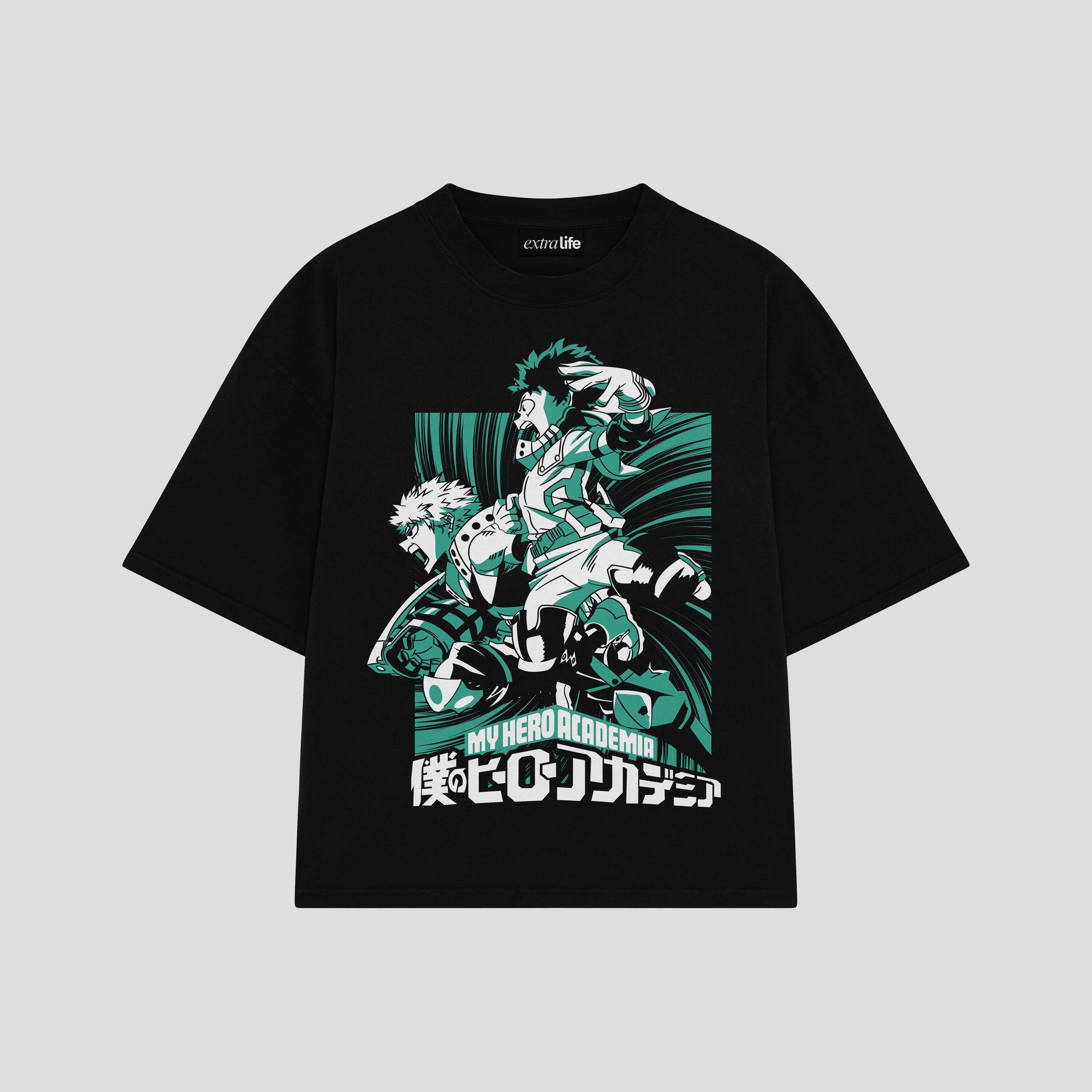 Playera streetwear premium de anime y gaming ExtraLife MX, corte boxy oversized drop shoulder heavyweight en color Deep Black y Off-White, moda urbana mexicana de culto.