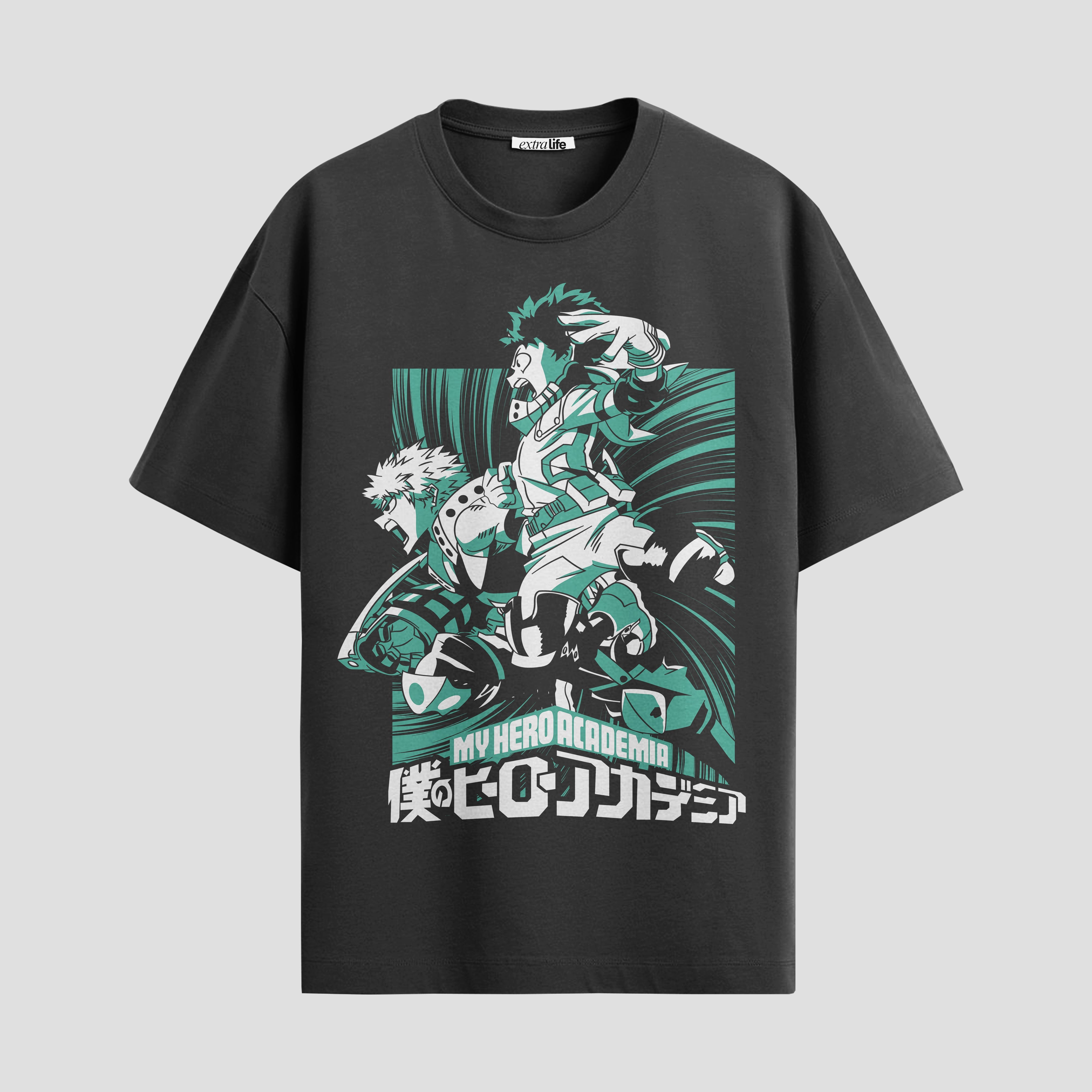 Playera urbana de anime y gaming ExtraLife MX, corte Standard Fit unisex ligero y transpirable en color Deep Black y Pure White, ropa de uso diario para gym y casual.