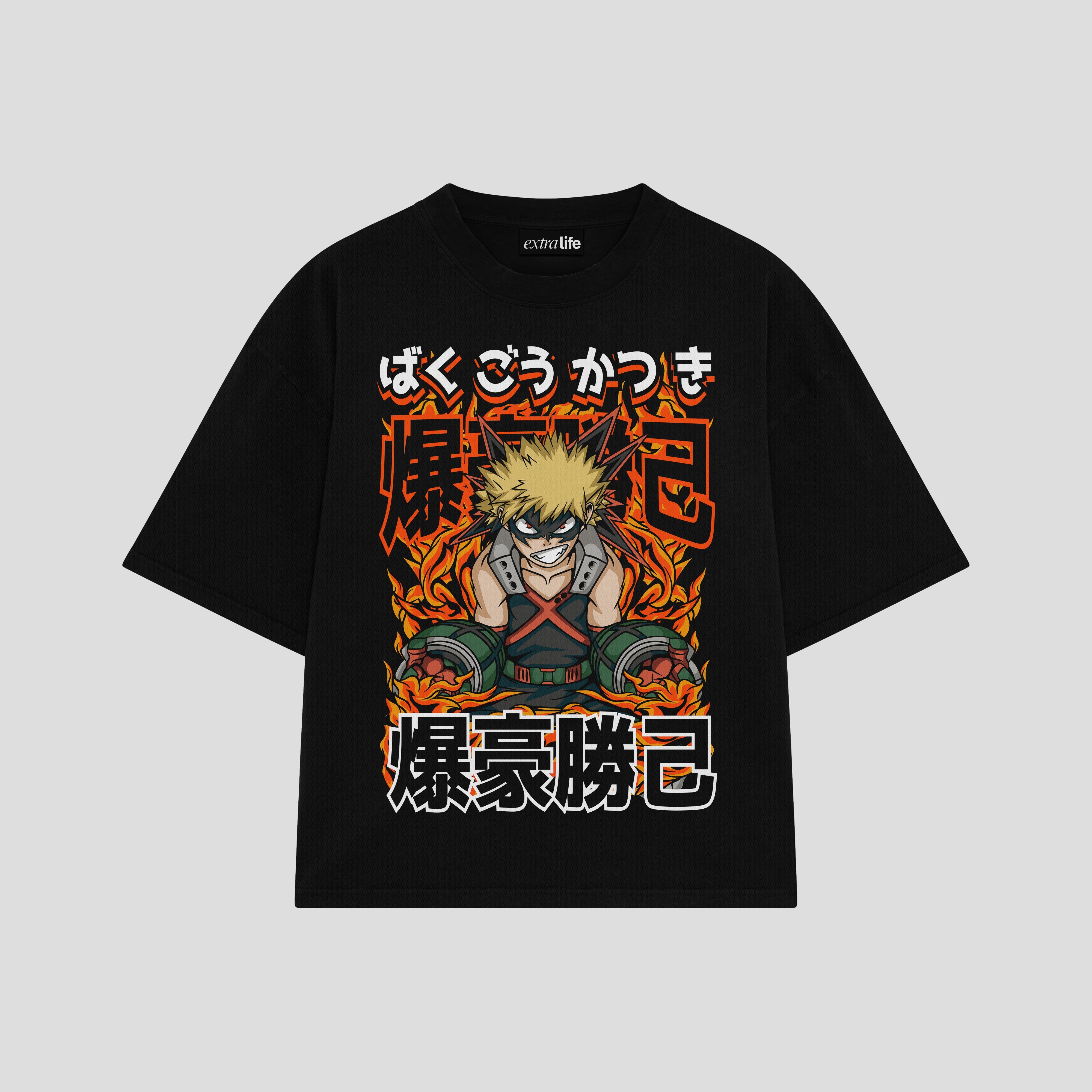 Playera streetwear premium de anime y gaming ExtraLife MX, corte boxy oversized drop shoulder heavyweight en color Deep Black y Off-White, moda urbana mexicana de culto.