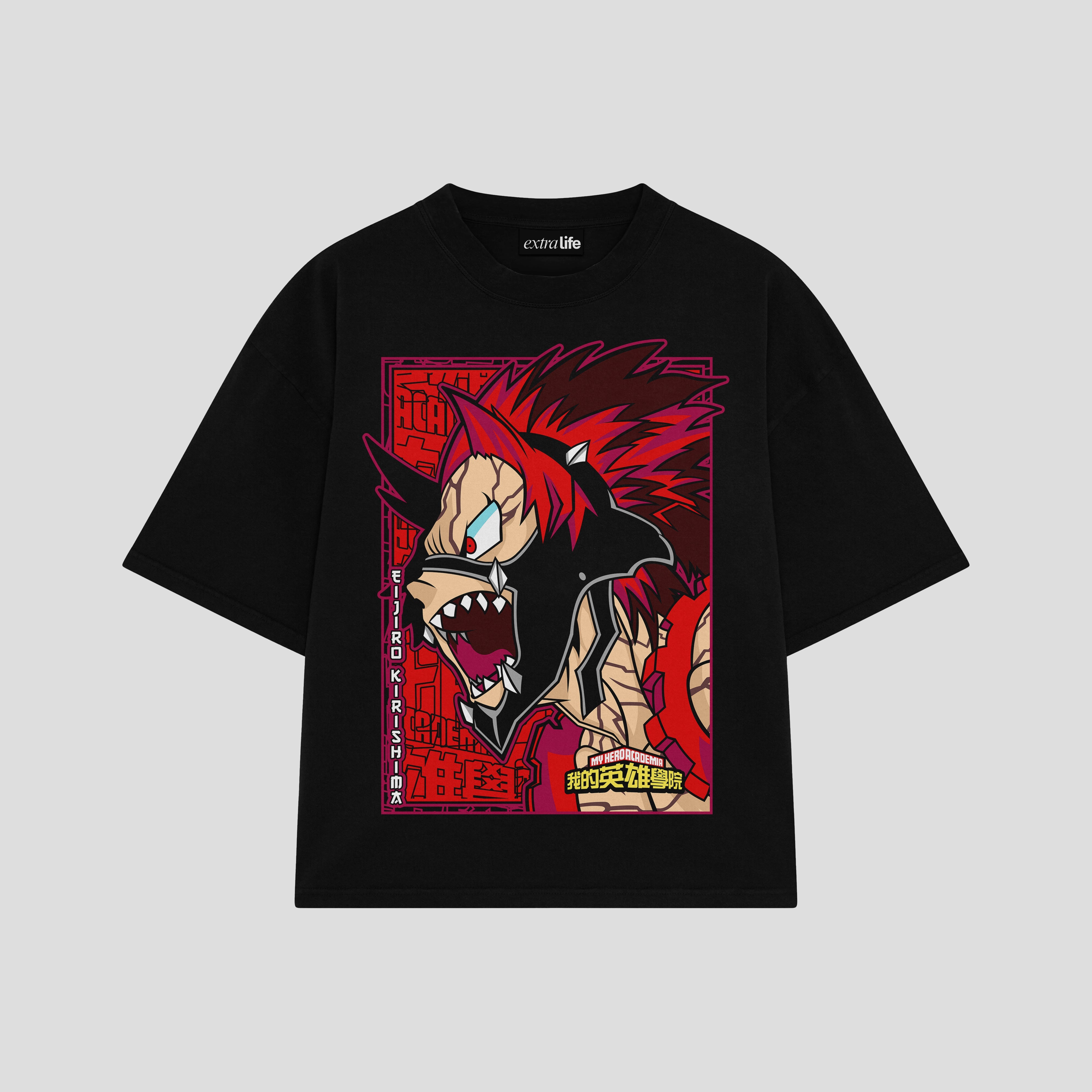 Playera streetwear premium de anime y gaming ExtraLife MX, corte boxy oversized drop shoulder heavyweight en color Deep Black y Off-White, moda urbana mexicana de culto.