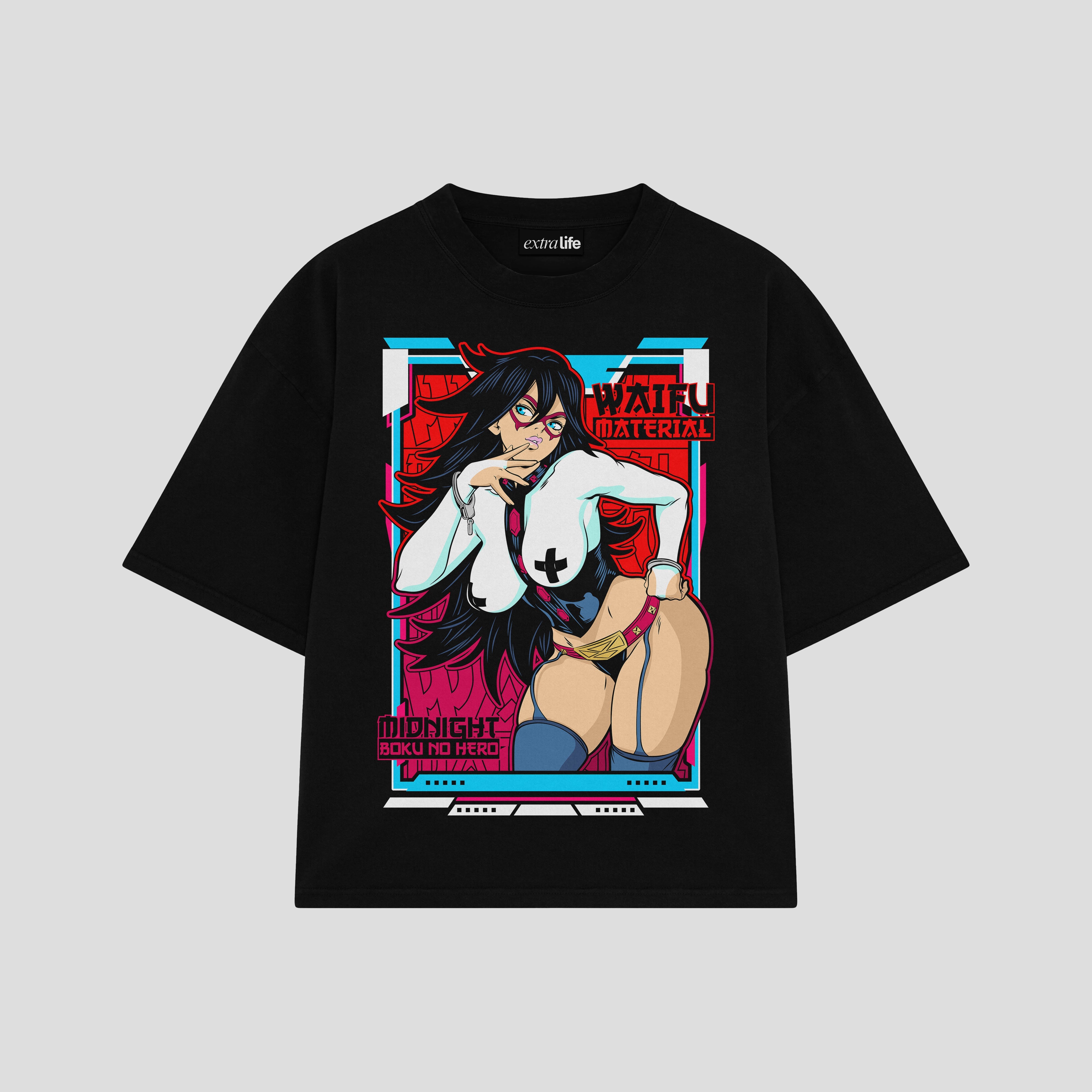 Playera streetwear premium de anime y gaming ExtraLife MX, corte boxy oversized drop shoulder heavyweight en color Deep Black y Off-White, moda urbana mexicana de culto.