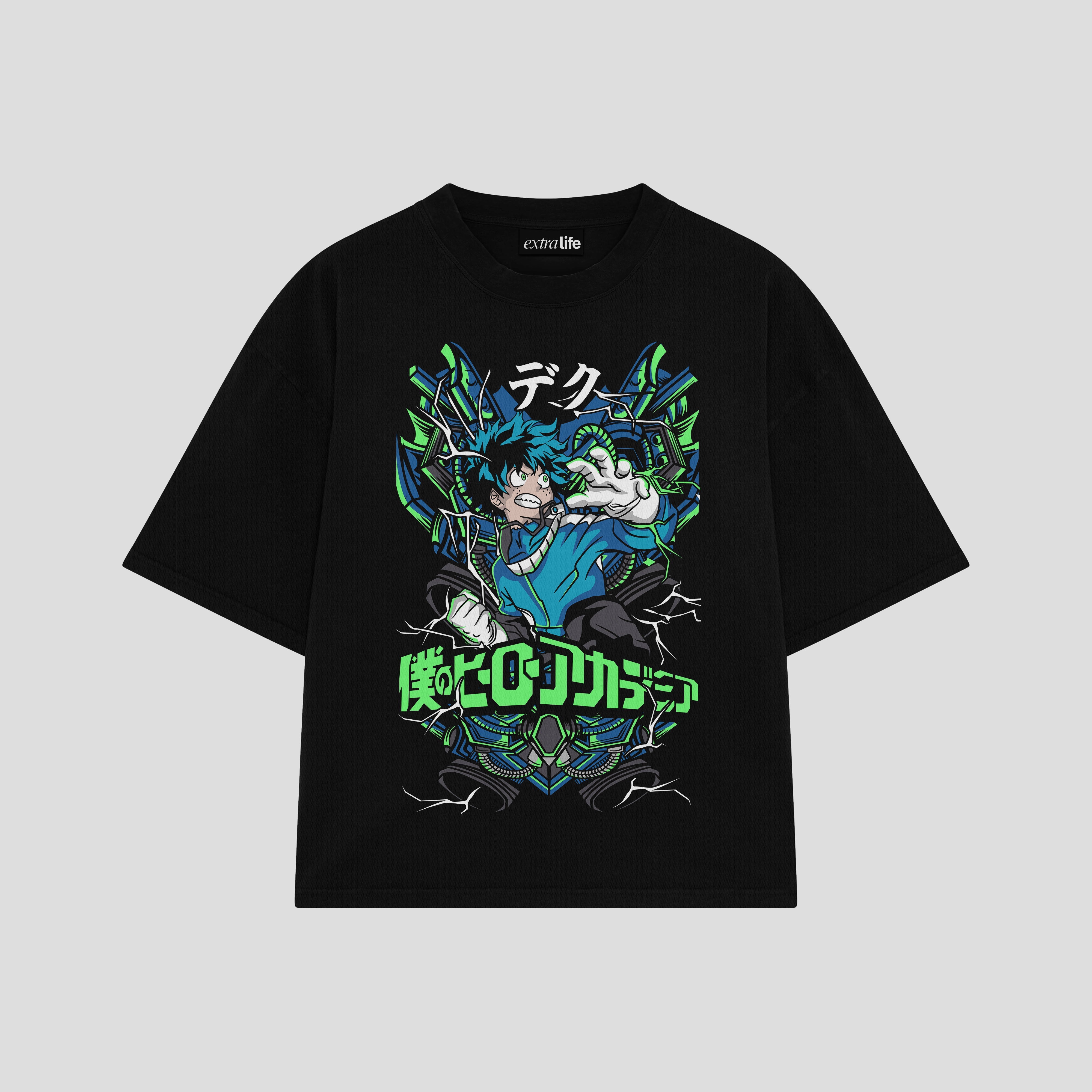 Playera streetwear premium de anime y gaming ExtraLife MX, corte boxy oversized drop shoulder heavyweight en color Deep Black y Off-White, moda urbana mexicana de culto.
