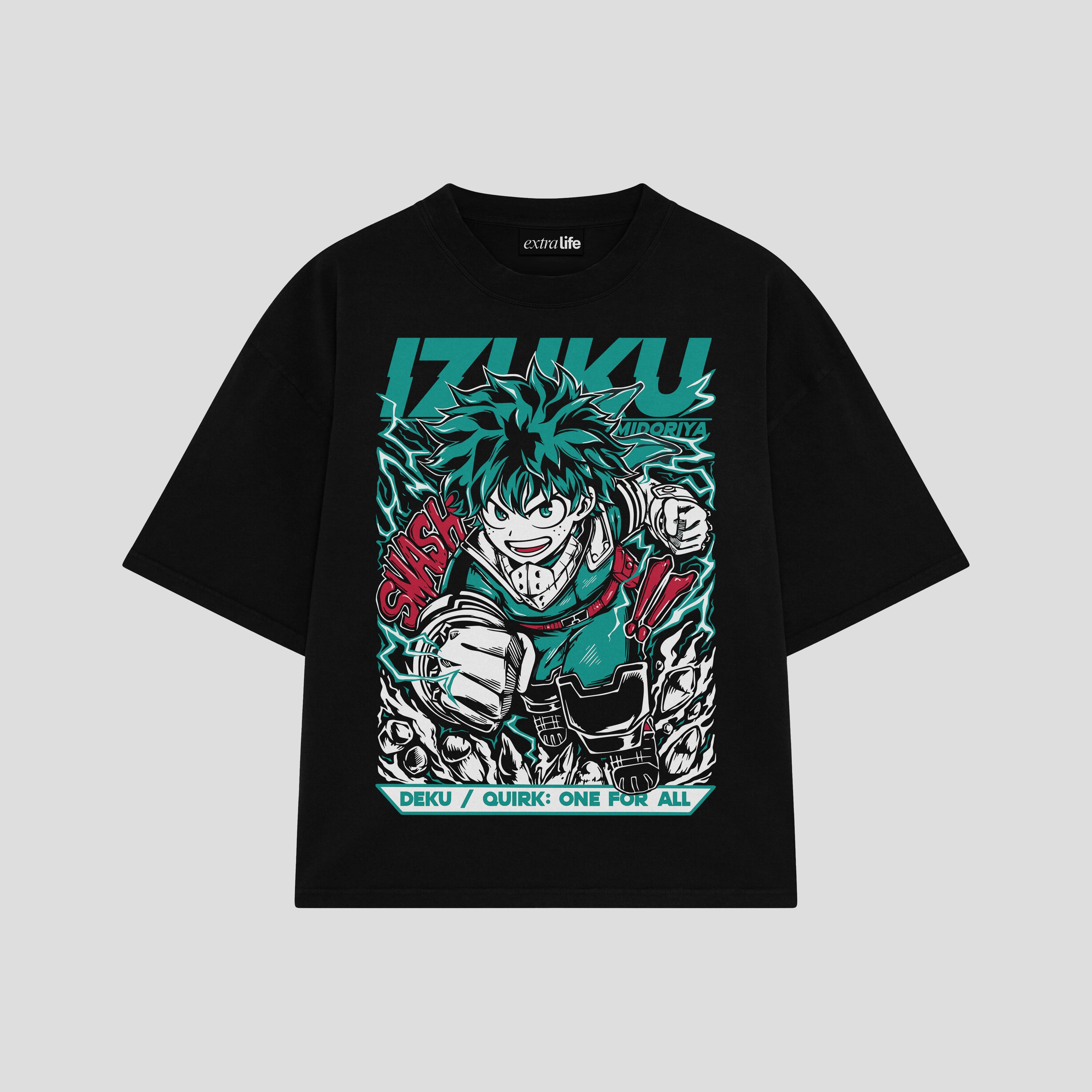 Playera streetwear premium de anime y gaming ExtraLife MX, corte boxy oversized drop shoulder heavyweight en color Deep Black y Off-White, moda urbana mexicana de culto.