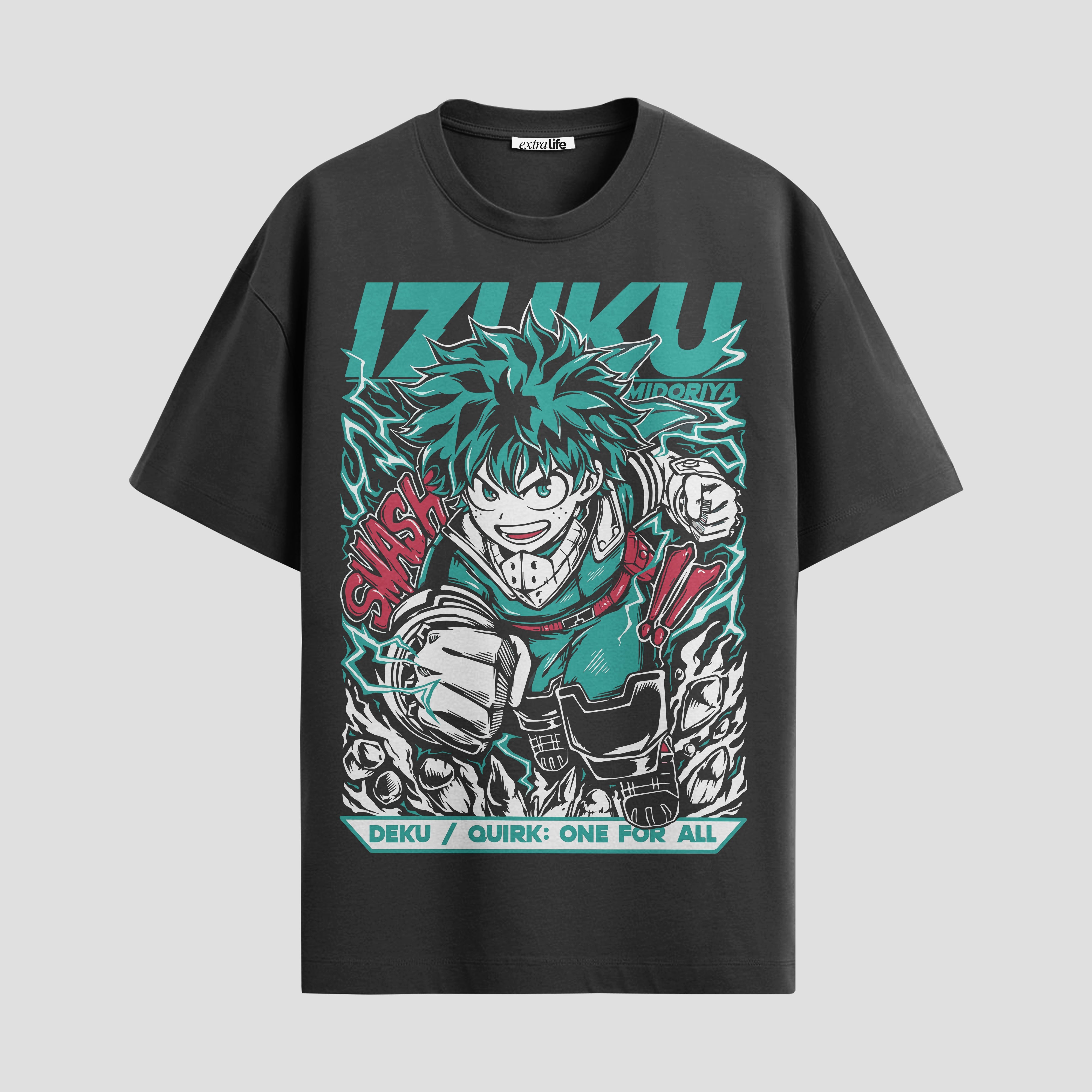 Playera urbana de anime y gaming ExtraLife MX, corte Standard Fit unisex ligero y transpirable en color Deep Black y Pure White, ropa de uso diario para gym y casual.