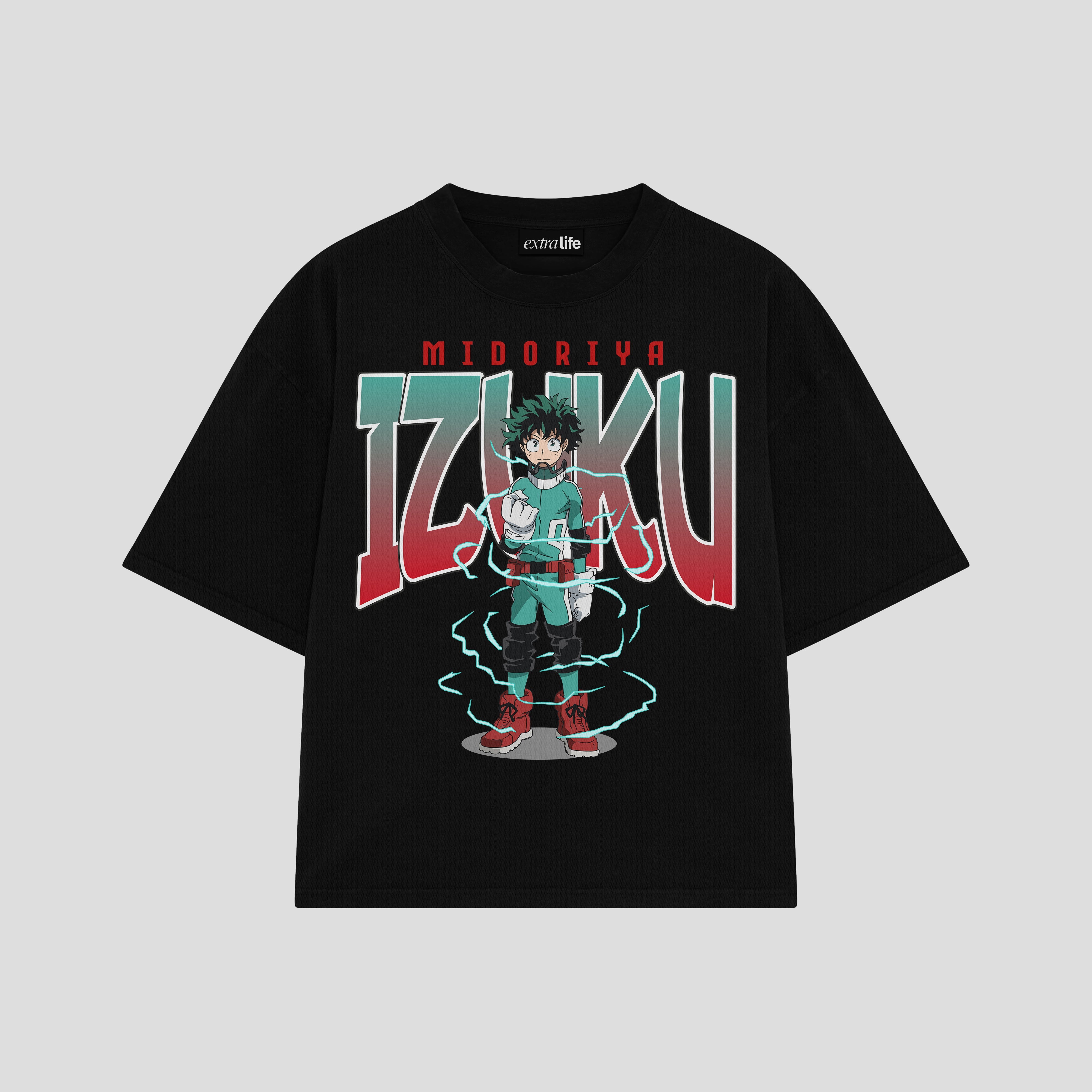 Playera streetwear premium de anime y gaming ExtraLife MX, corte boxy oversized drop shoulder heavyweight en color Deep Black y Off-White, moda urbana mexicana de culto.