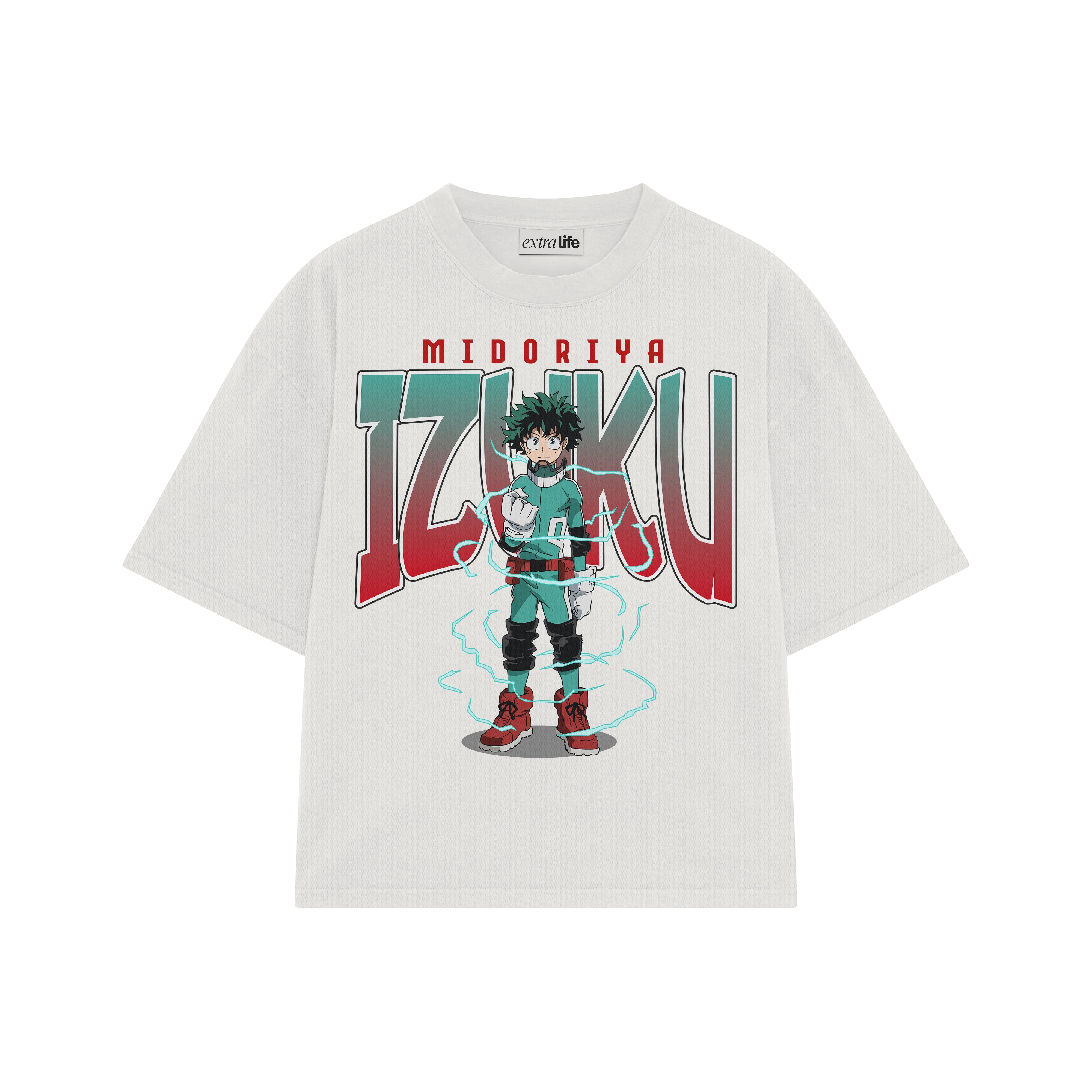Playera streetwear premium de anime y gaming ExtraLife MX, corte boxy oversized drop shoulder heavyweight en color Deep Black y Off-White, moda urbana mexicana de culto.