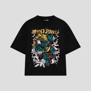 Playera streetwear premium de anime y gaming ExtraLife MX, corte boxy oversized drop shoulder heavyweight en color Deep Black y Off-White, moda urbana mexicana de culto.