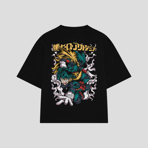 Playera streetwear premium de anime y gaming ExtraLife MX, corte boxy oversized drop shoulder heavyweight en color Deep Black y Off-White, moda urbana mexicana de culto.