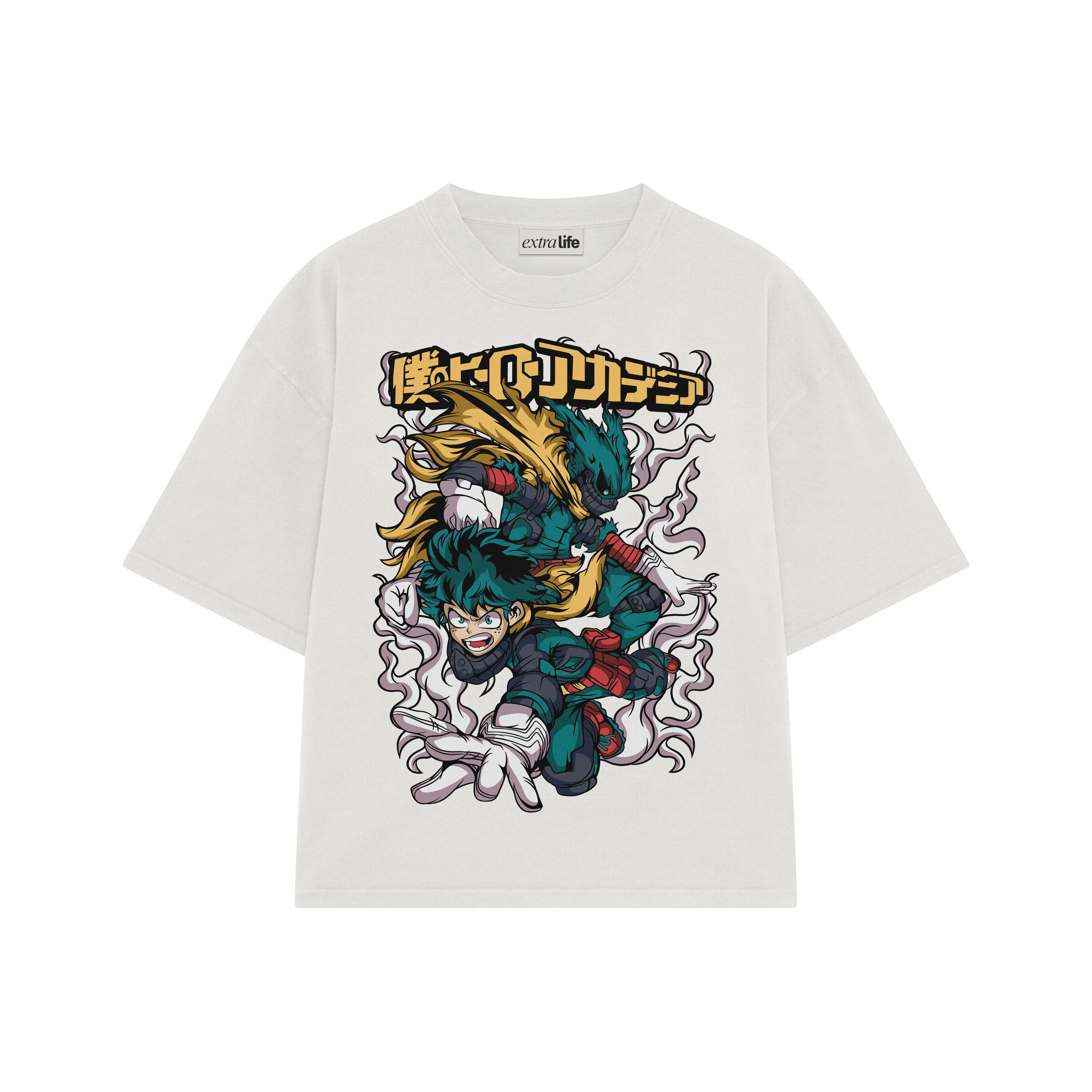 Playera streetwear premium de anime y gaming ExtraLife MX, corte boxy oversized drop shoulder heavyweight en color Deep Black y Off-White, moda urbana mexicana de culto.