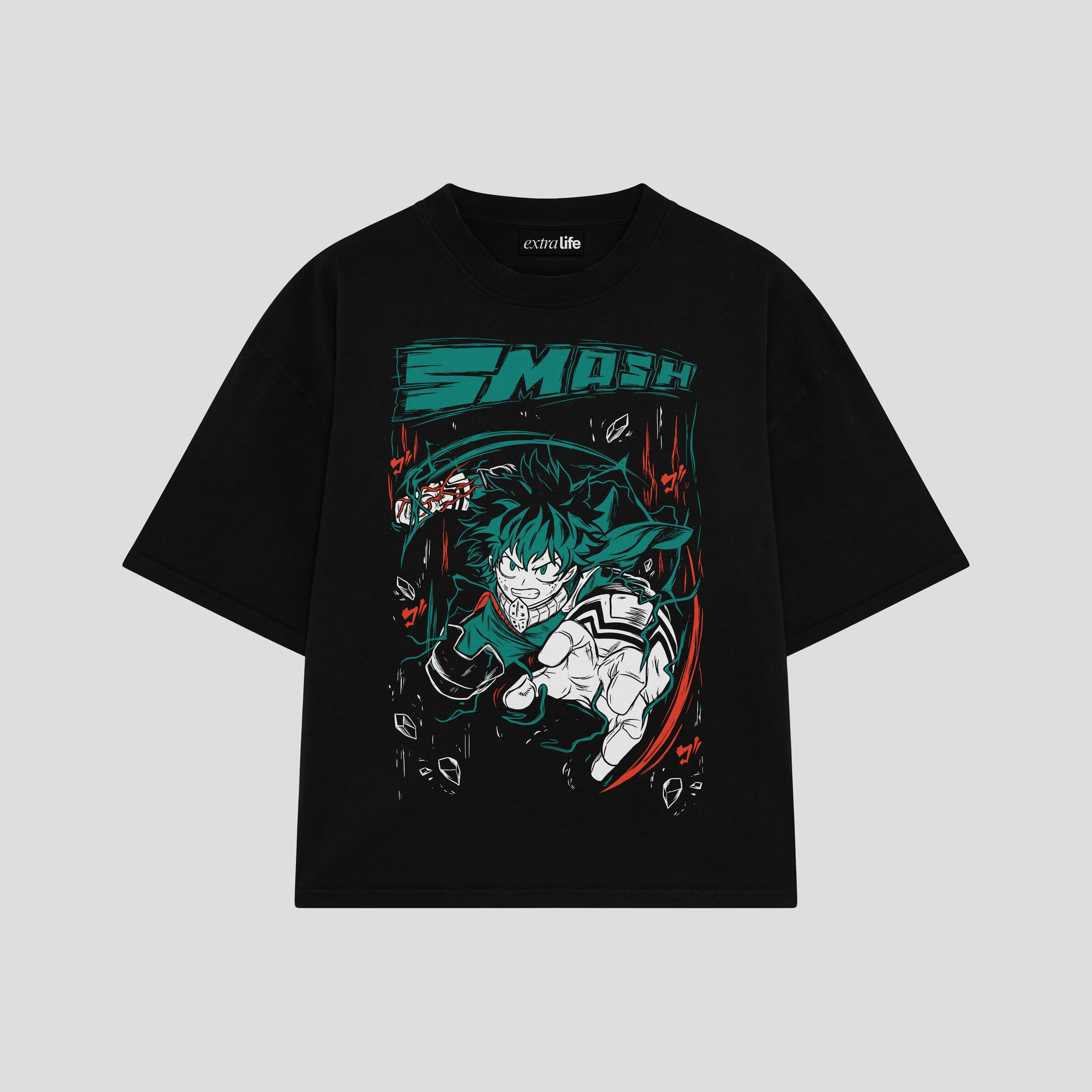 Playera streetwear premium de anime y gaming ExtraLife MX, corte boxy oversized drop shoulder heavyweight en color Deep Black y Off-White, moda urbana mexicana de culto.