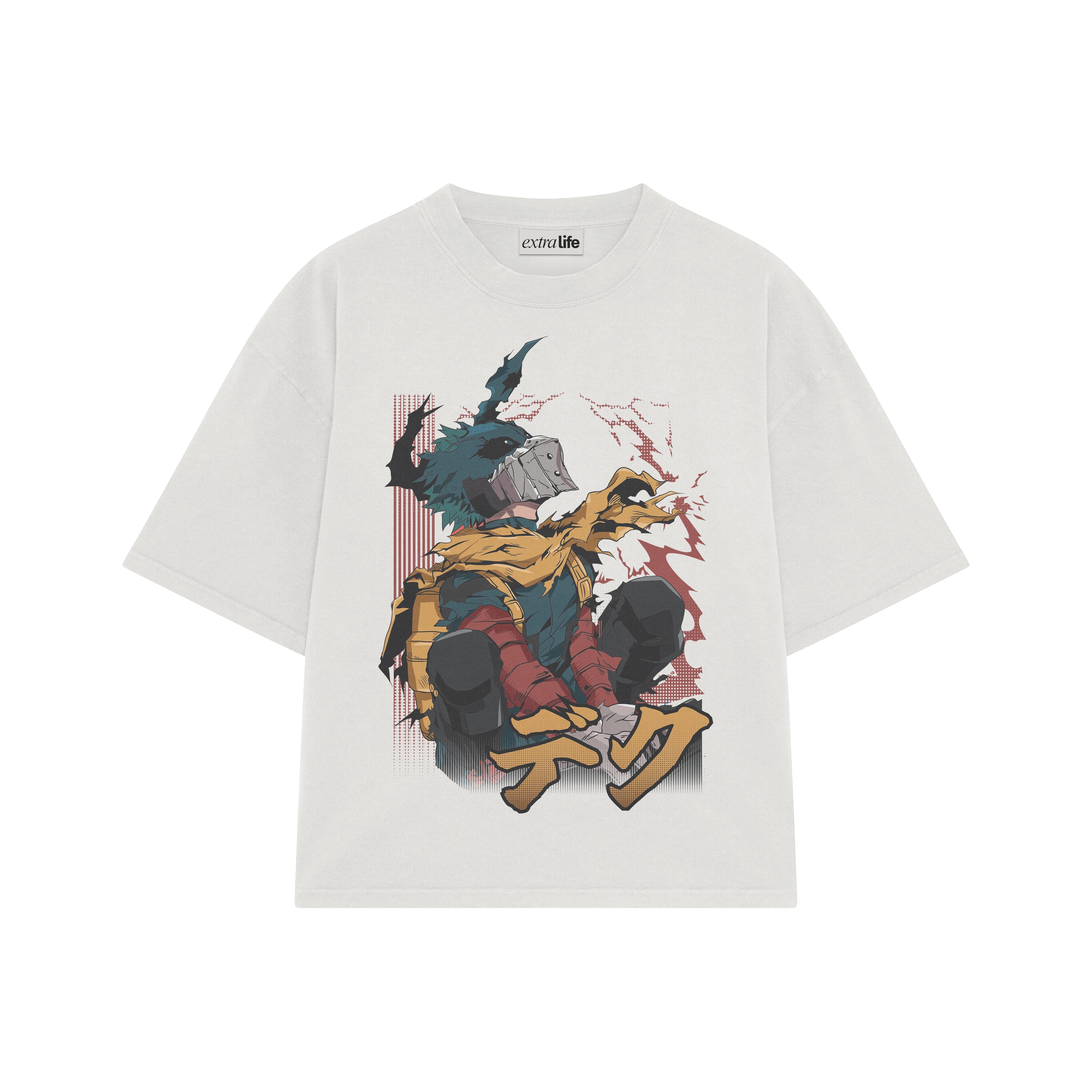 Playera streetwear premium de anime y gaming ExtraLife MX, corte boxy oversized drop shoulder heavyweight en color Deep Black y Off-White, moda urbana mexicana de culto.