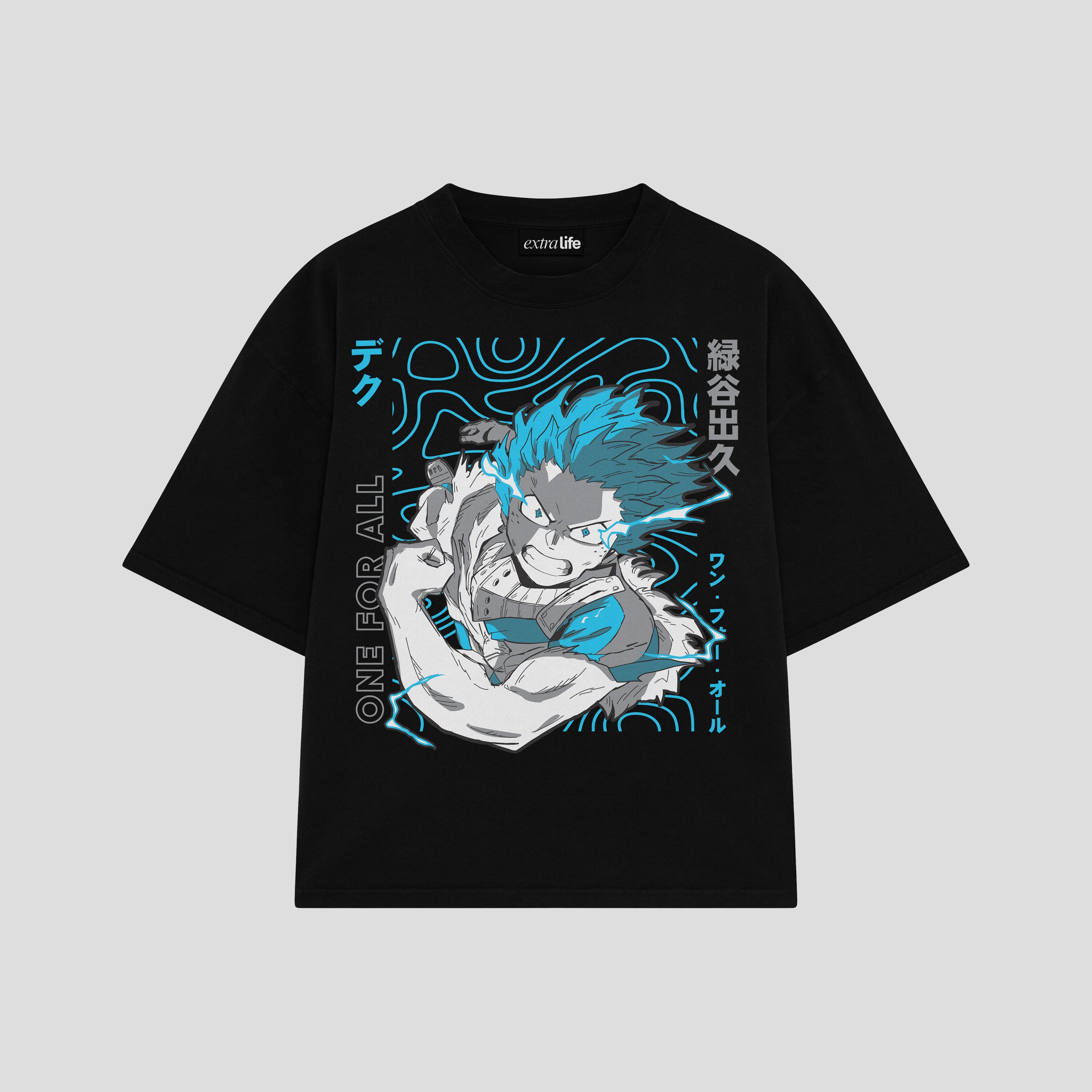 Playera streetwear premium de anime y gaming ExtraLife MX, corte boxy oversized drop shoulder heavyweight en color Deep Black y Off-White, moda urbana mexicana de culto.