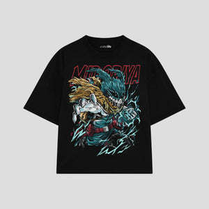 Playera streetwear premium de anime y gaming ExtraLife MX, corte boxy oversized drop shoulder heavyweight en color Deep Black y Off-White, moda urbana mexicana de culto.