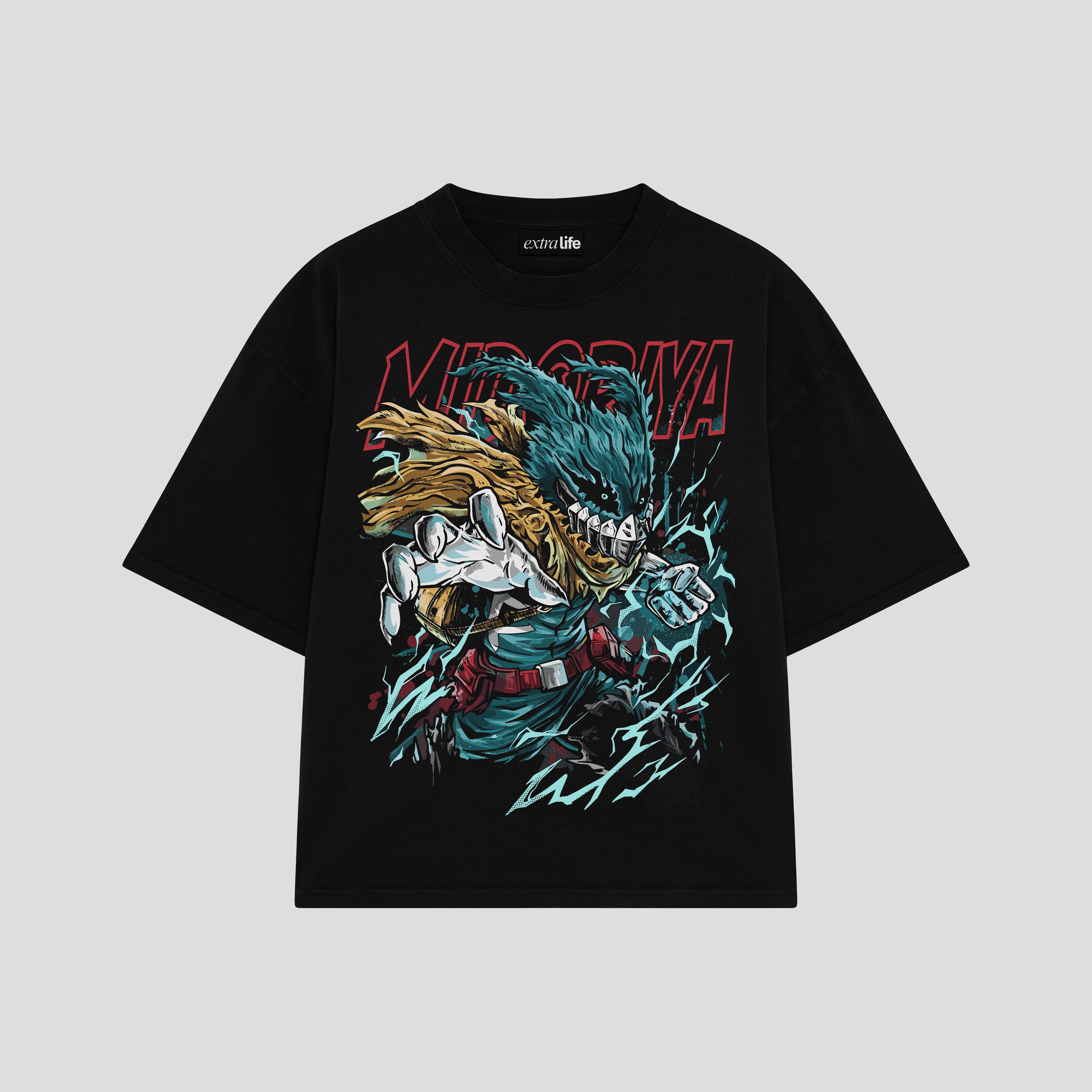 Playera streetwear premium de anime y gaming ExtraLife MX, corte boxy oversized drop shoulder heavyweight en color Deep Black y Off-White, moda urbana mexicana de culto.