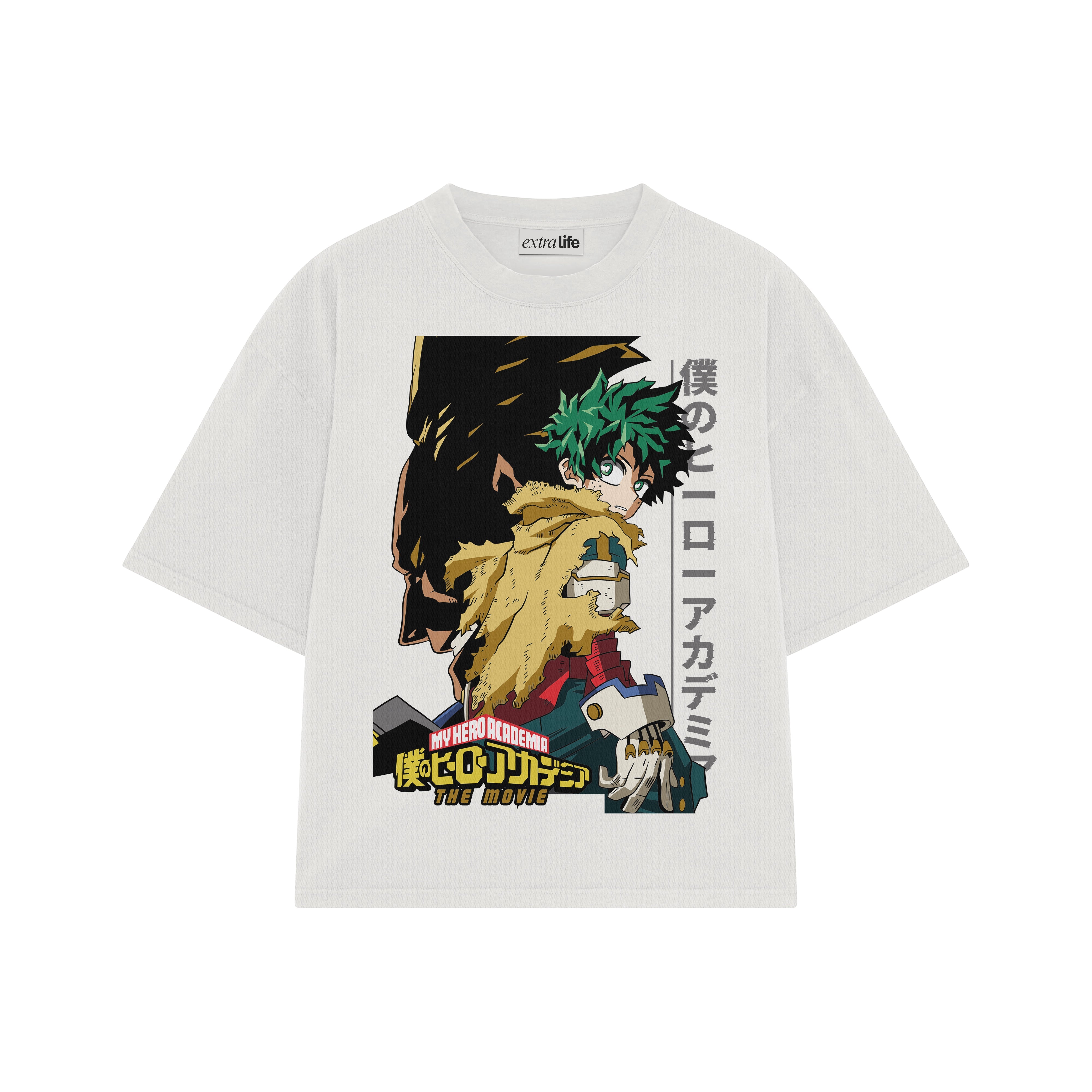 Playera streetwear premium de anime y gaming ExtraLife MX, corte boxy oversized drop shoulder heavyweight en color Deep Black y Off-White, moda urbana mexicana de culto.