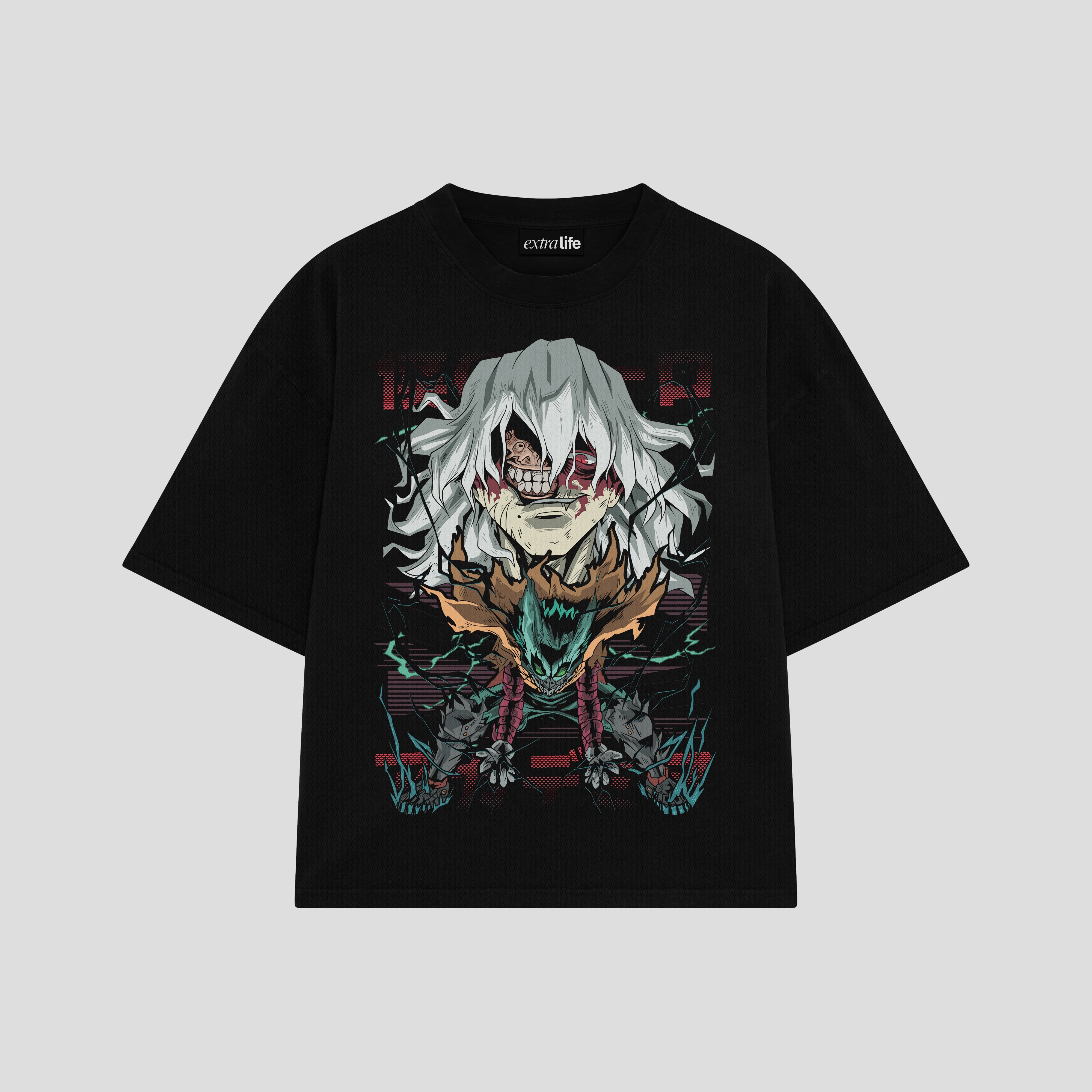 Playera streetwear premium de anime y gaming ExtraLife MX, corte boxy oversized drop shoulder heavyweight en color Deep Black y Off-White, moda urbana mexicana de culto.