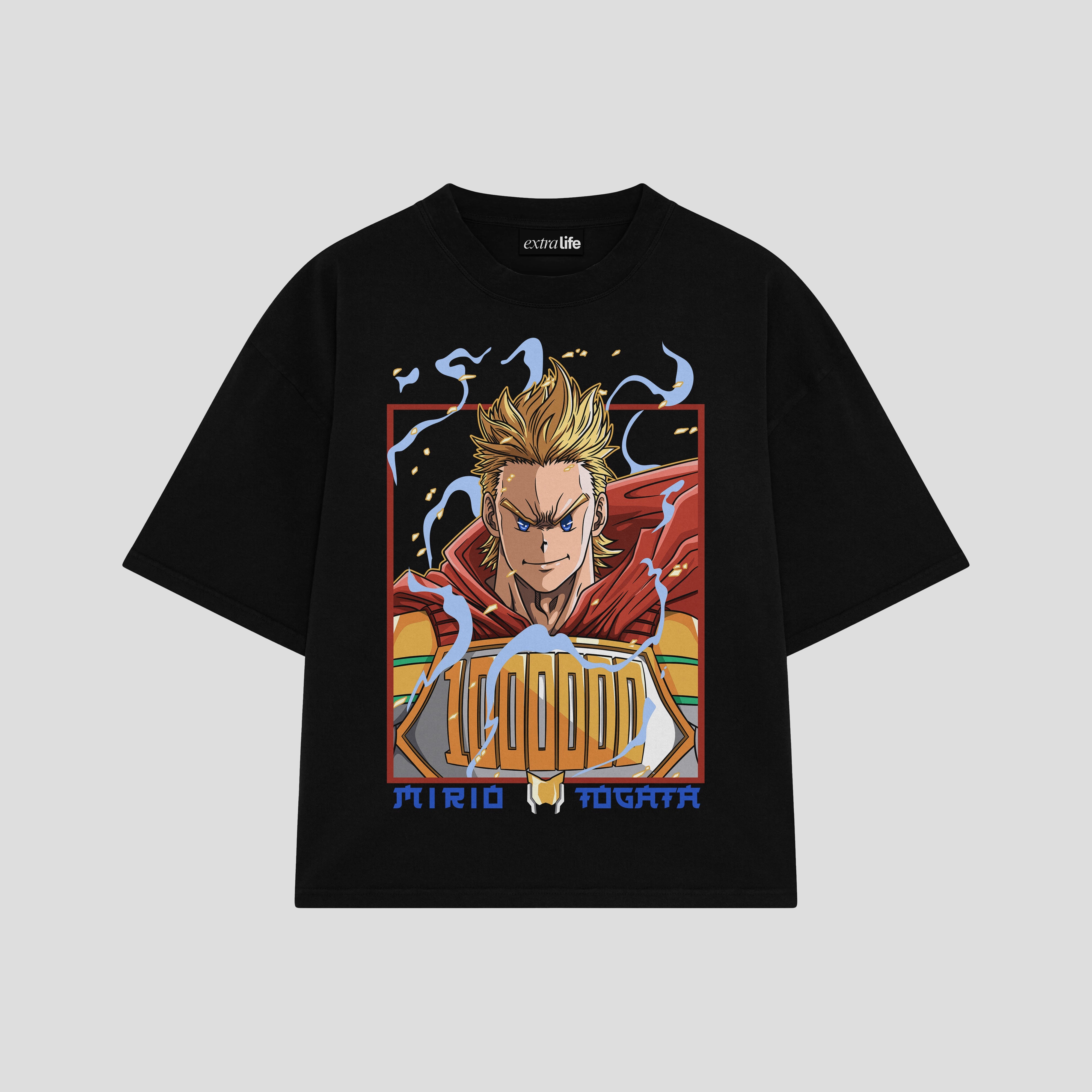 Playera streetwear premium de anime y gaming ExtraLife MX, corte boxy oversized drop shoulder heavyweight en color Deep Black y Off-White, moda urbana mexicana de culto.