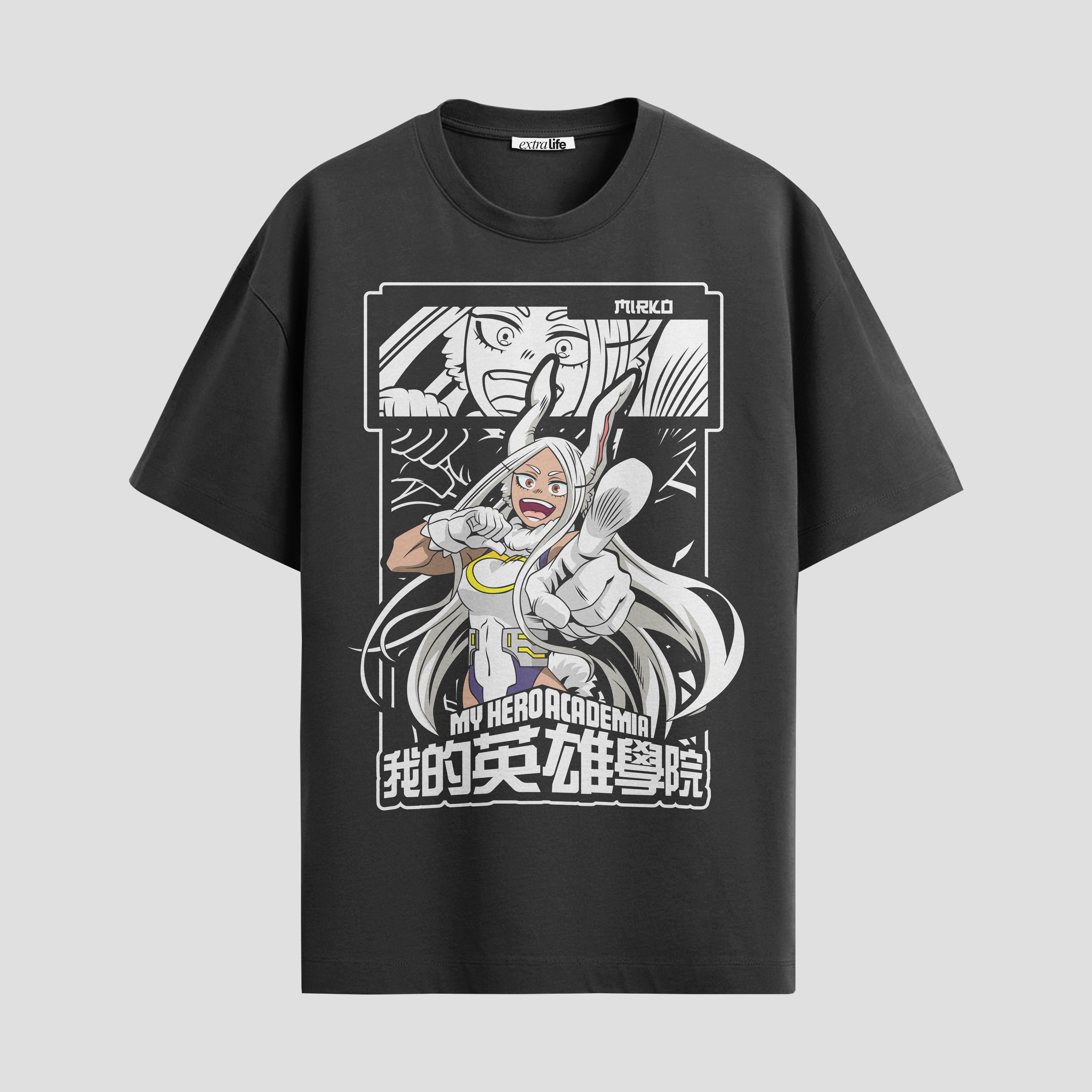 Playera urbana de anime y gaming ExtraLife MX, corte Standard Fit unisex ligero y transpirable en color Deep Black y Pure White, ropa de uso diario para gym y casual.
