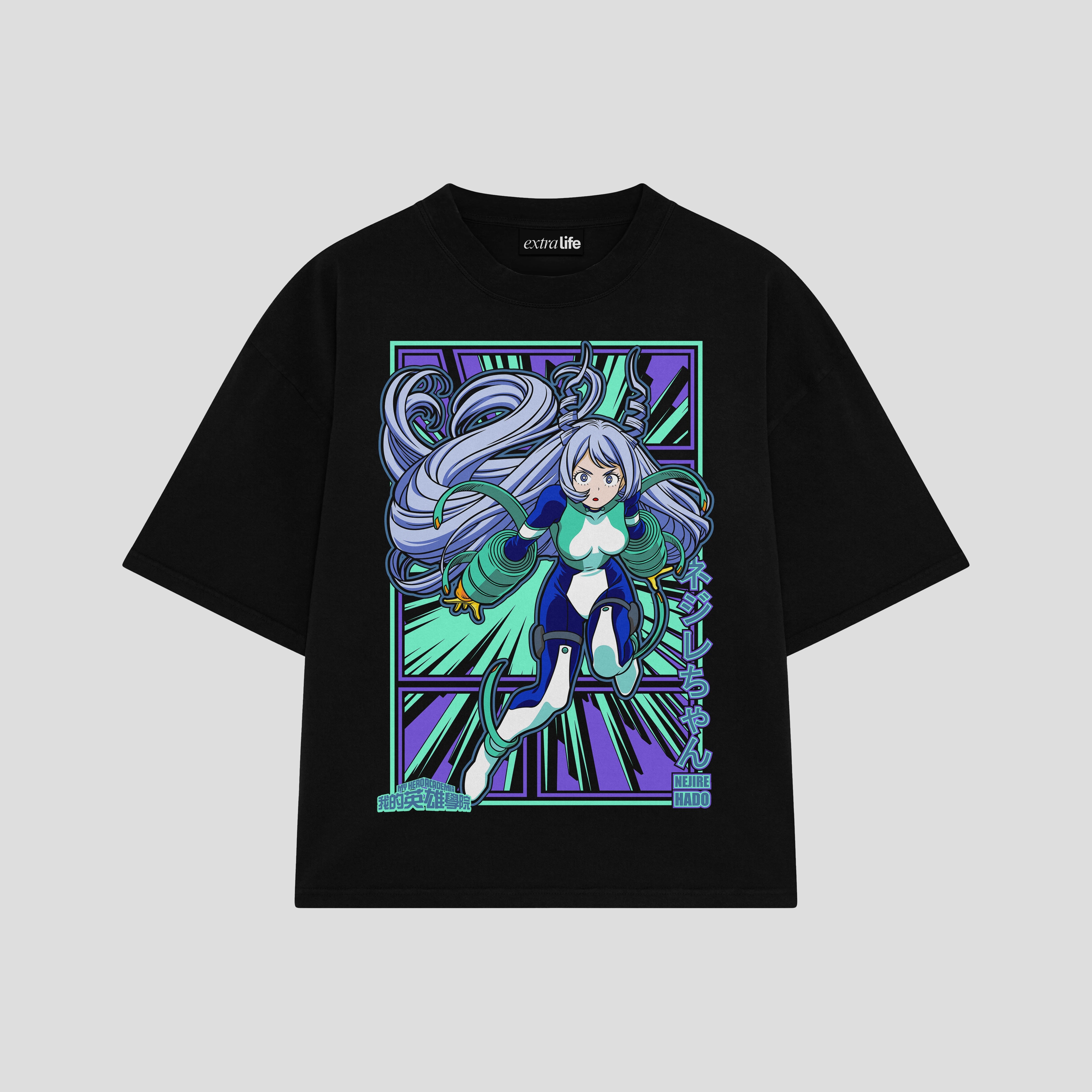 Playera streetwear premium de anime y gaming ExtraLife MX, corte boxy oversized drop shoulder heavyweight en color Deep Black y Off-White, moda urbana mexicana de culto.