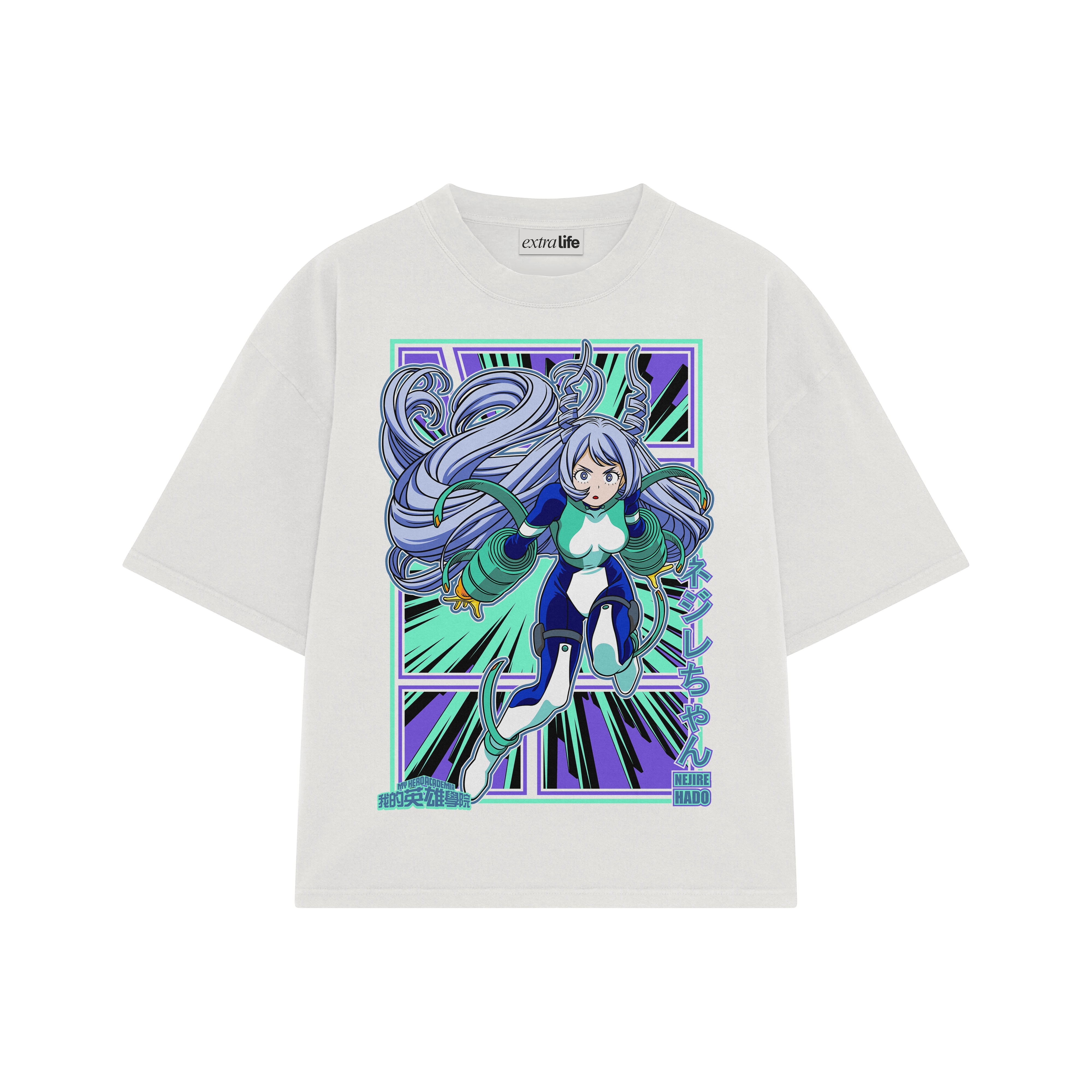 Playera streetwear premium de anime y gaming ExtraLife MX, corte boxy oversized drop shoulder heavyweight en color Deep Black y Off-White, moda urbana mexicana de culto.