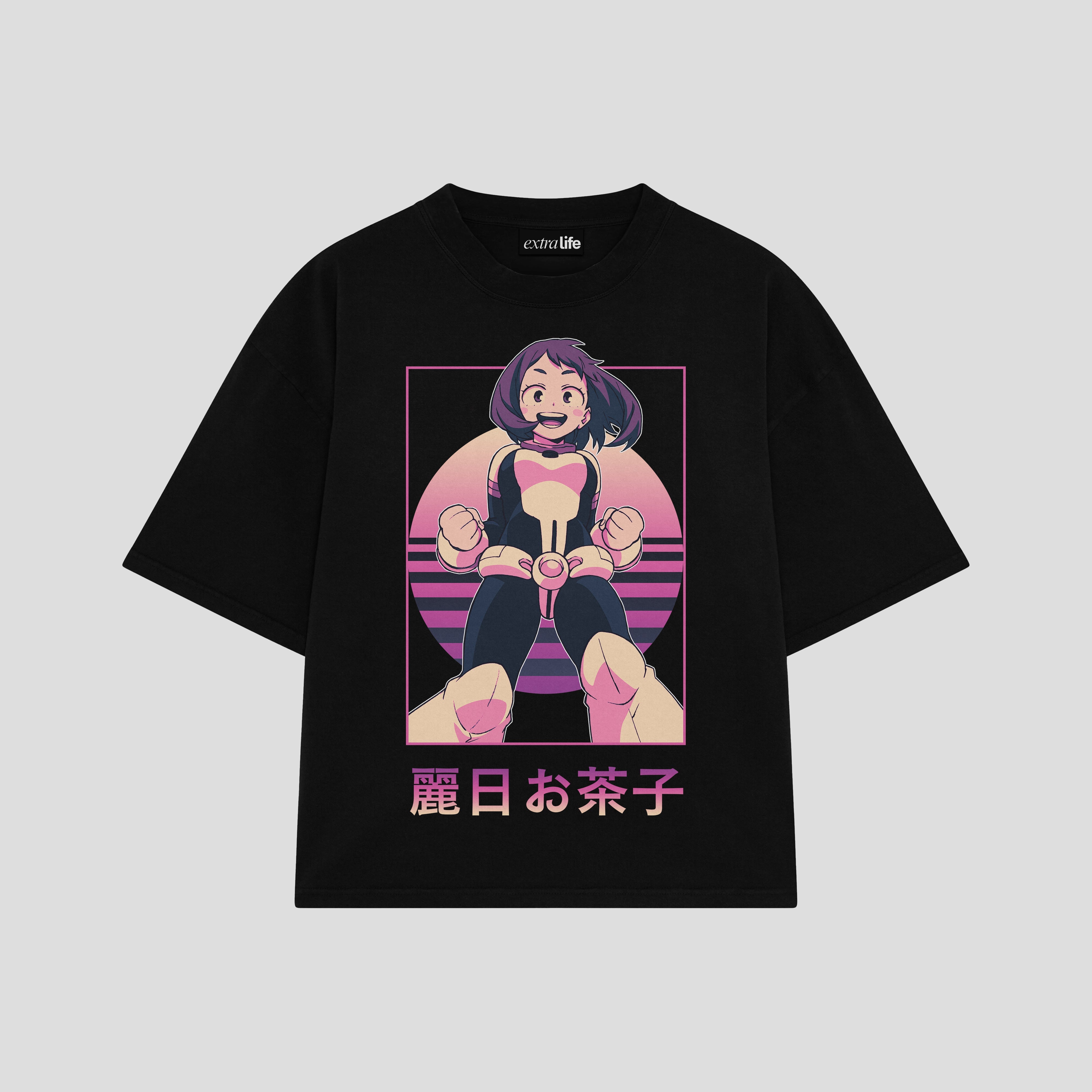Playera streetwear premium de anime y gaming ExtraLife MX, corte boxy oversized drop shoulder heavyweight en color Deep Black y Off-White, moda urbana mexicana de culto.