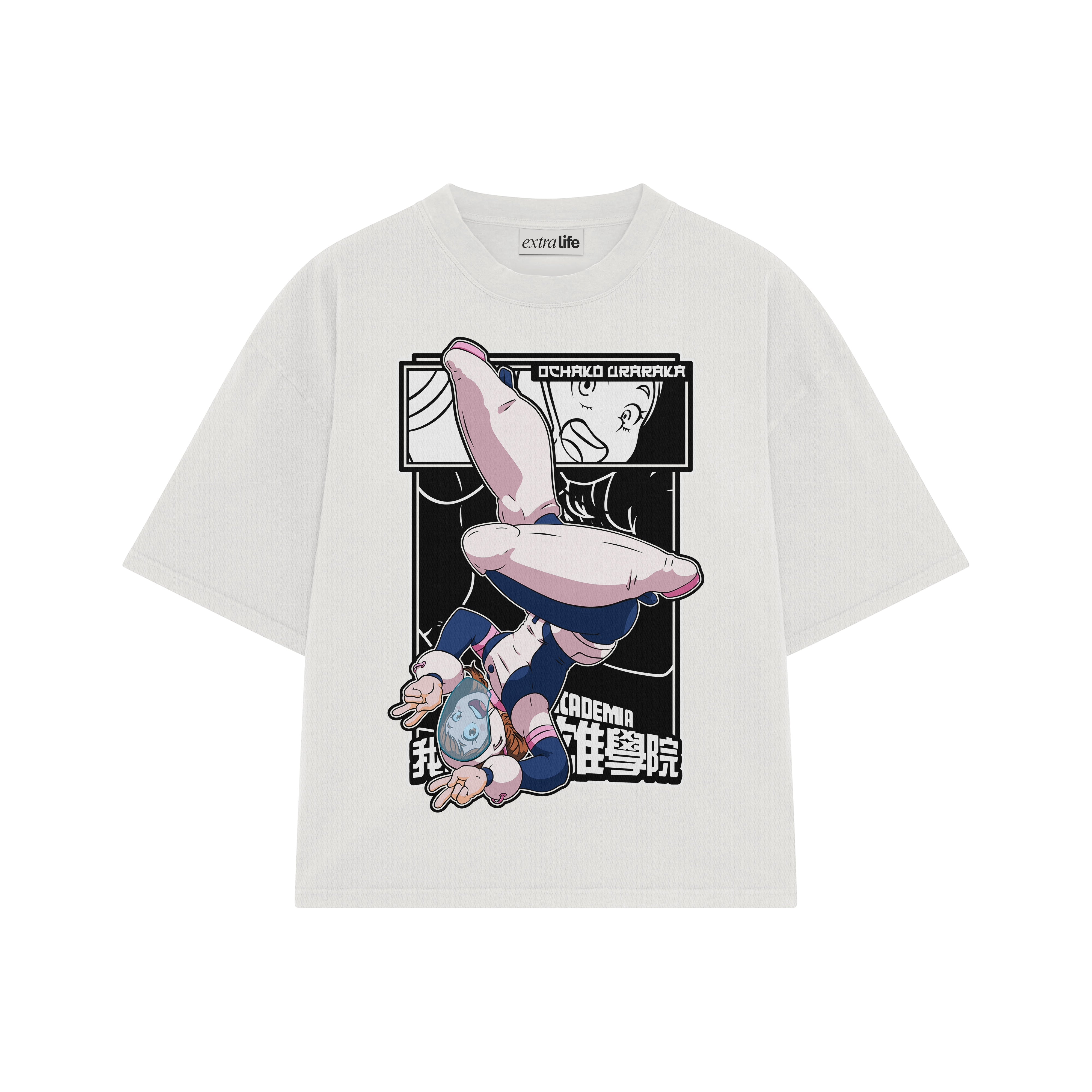 Playera streetwear premium de anime y gaming ExtraLife MX, corte boxy oversized drop shoulder heavyweight en color Deep Black y Off-White, moda urbana mexicana de culto.