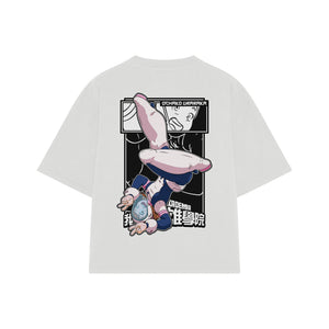 Playera streetwear premium de anime y gaming ExtraLife MX, corte boxy oversized drop shoulder heavyweight en color Deep Black y Off-White, moda urbana mexicana de culto.