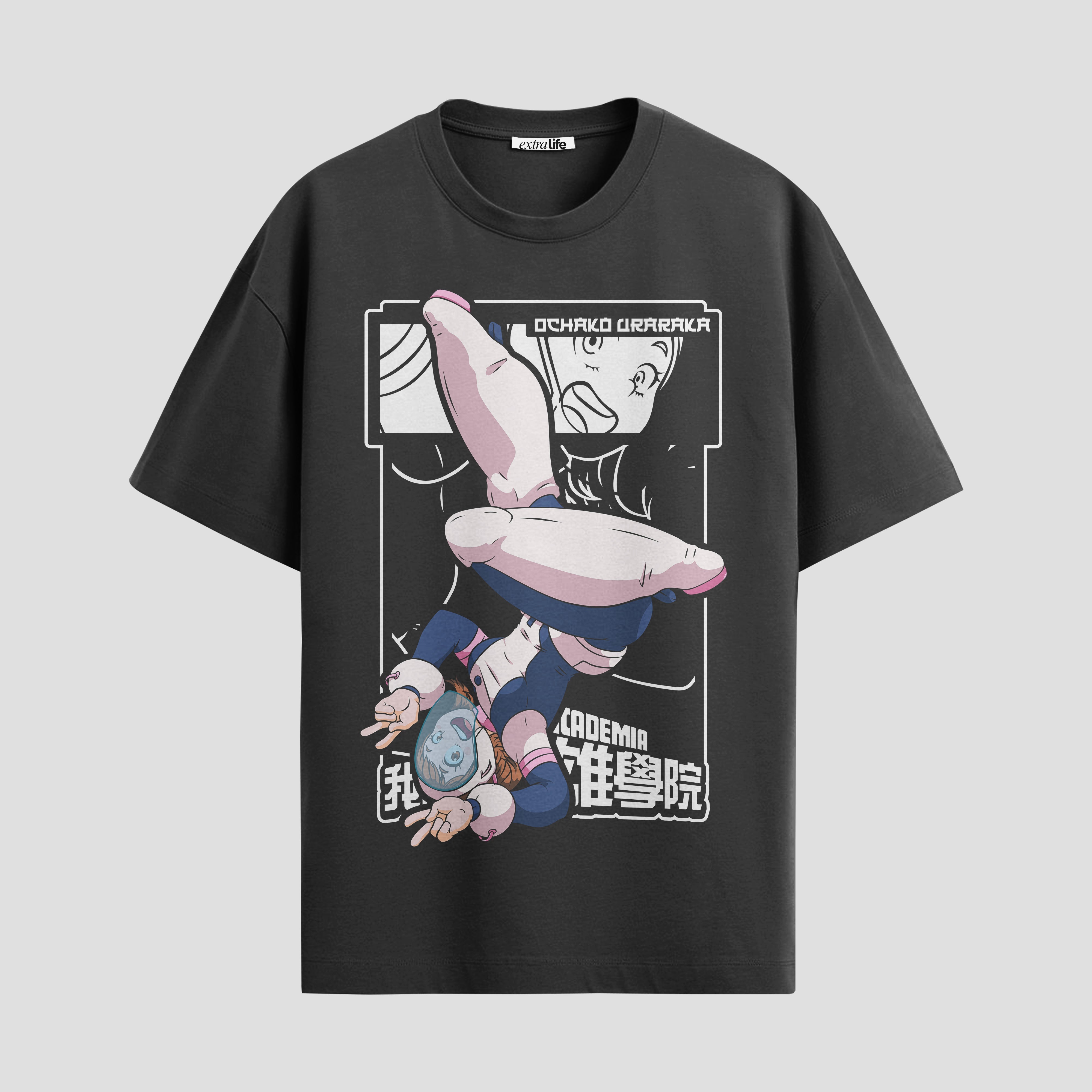 Playera urbana de anime y gaming ExtraLife MX, corte Standard Fit unisex ligero y transpirable en color Deep Black y Pure White, ropa de uso diario para gym y casual.