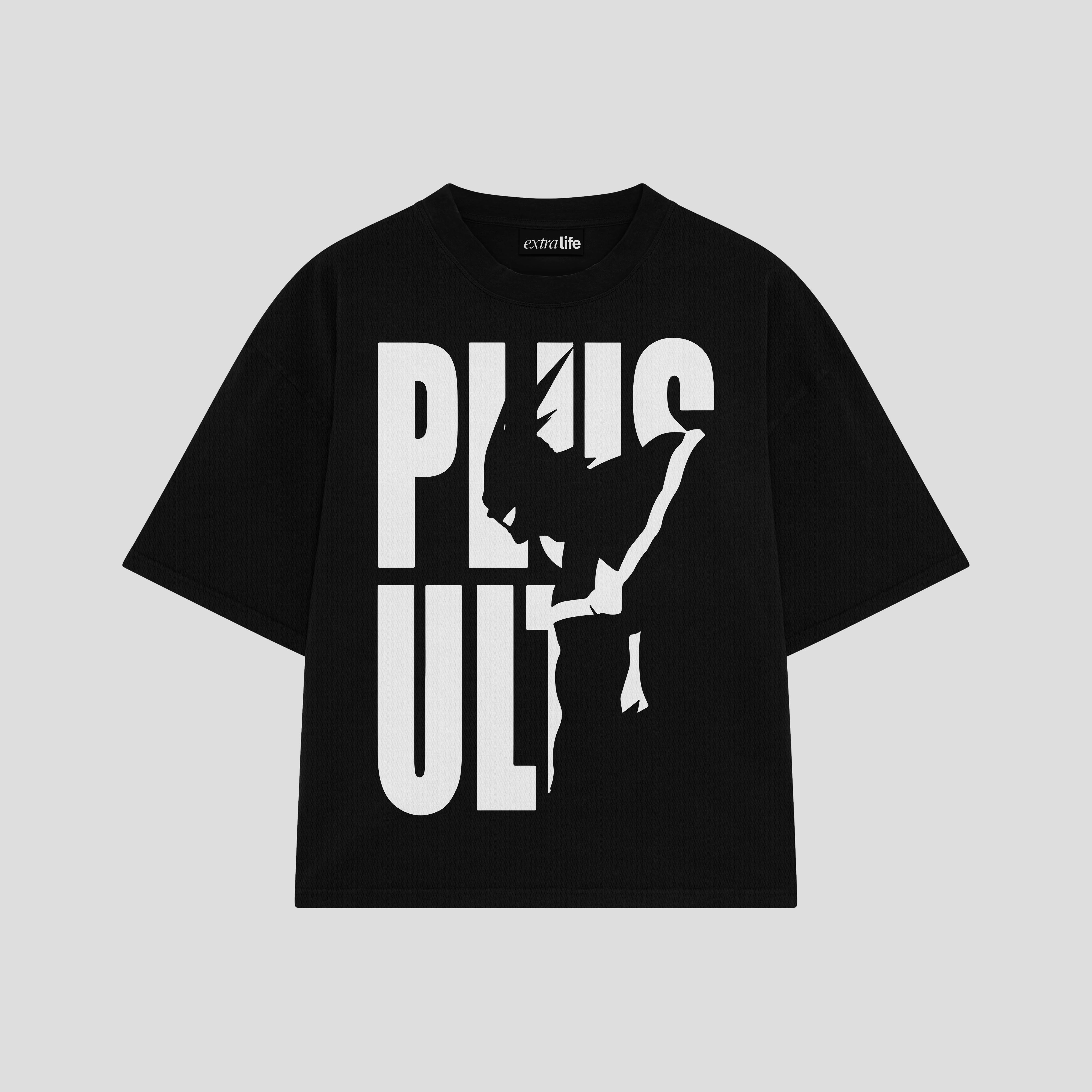 Playera streetwear premium de anime y gaming ExtraLife MX, corte boxy oversized drop shoulder heavyweight en color Deep Black y Off-White, moda urbana mexicana de culto.
