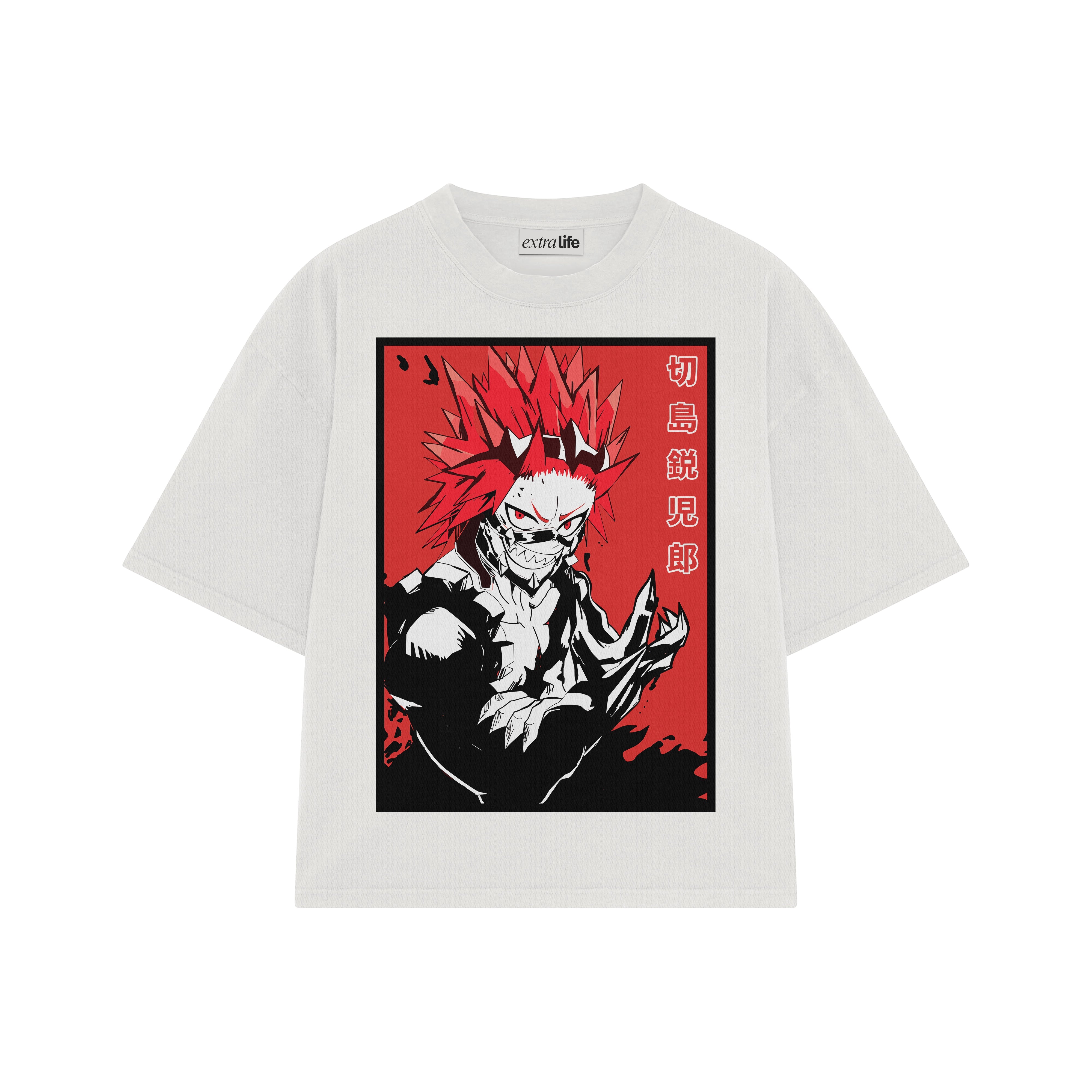 Playera streetwear premium de anime y gaming ExtraLife MX, corte boxy oversized drop shoulder heavyweight en color Deep Black y Off-White, moda urbana mexicana de culto.