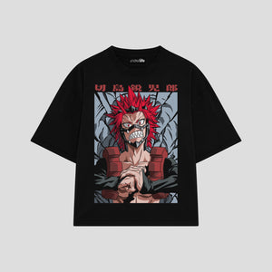 Playera streetwear premium de anime y gaming ExtraLife MX, corte boxy oversized drop shoulder heavyweight en color Deep Black y Off-White, moda urbana mexicana de culto.