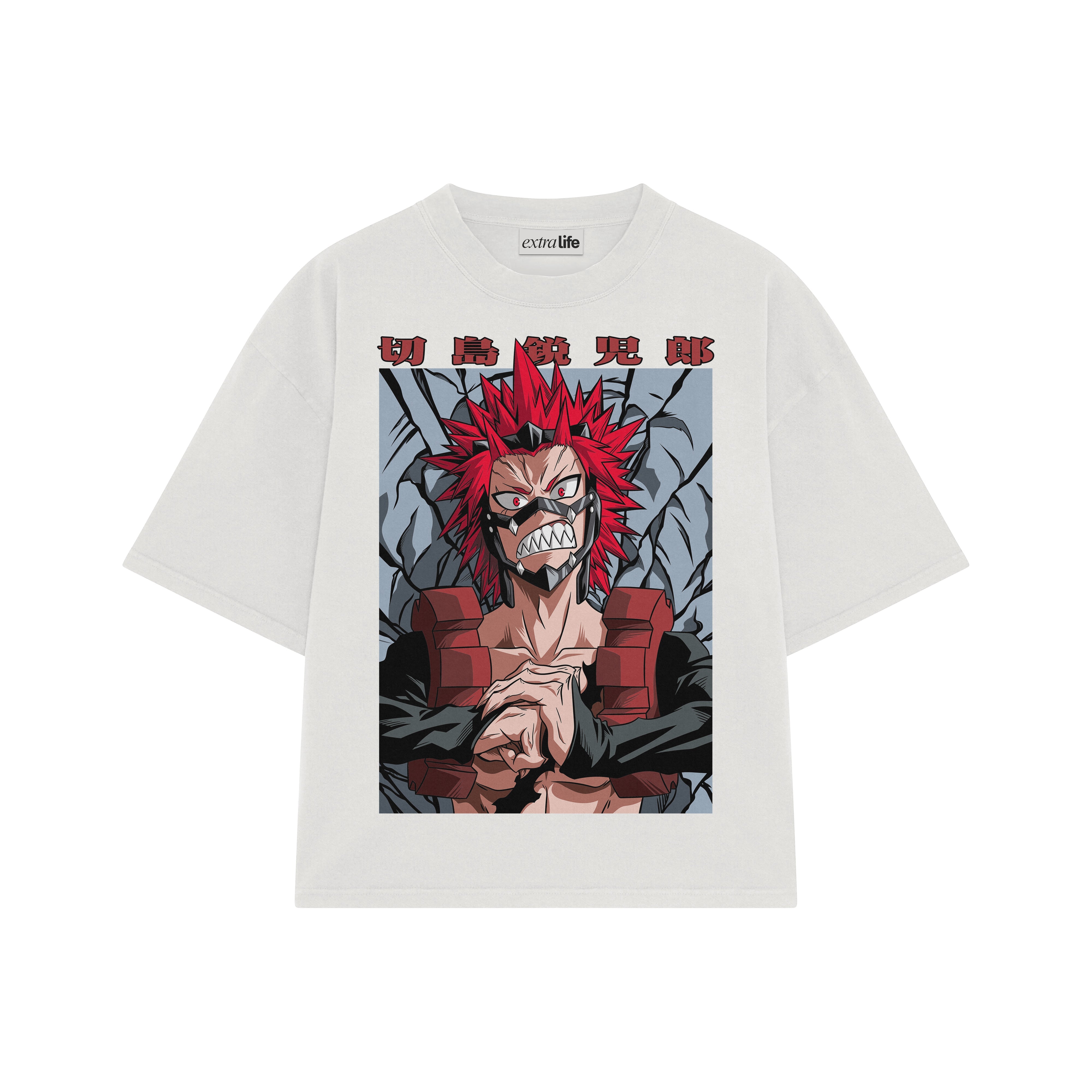 Playera streetwear premium de anime y gaming ExtraLife MX, corte boxy oversized drop shoulder heavyweight en color Deep Black y Off-White, moda urbana mexicana de culto.