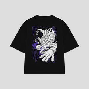 Playera streetwear premium de anime y gaming ExtraLife MX, corte boxy oversized drop shoulder heavyweight en color Deep Black y Off-White, moda urbana mexicana de culto.