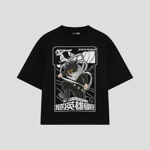 Playera streetwear premium de anime y gaming ExtraLife MX, corte boxy oversized drop shoulder heavyweight en color Deep Black y Off-White, moda urbana mexicana de culto.