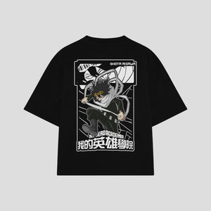 Playera streetwear premium de anime y gaming ExtraLife MX, corte boxy oversized drop shoulder heavyweight en color Deep Black y Off-White, moda urbana mexicana de culto.