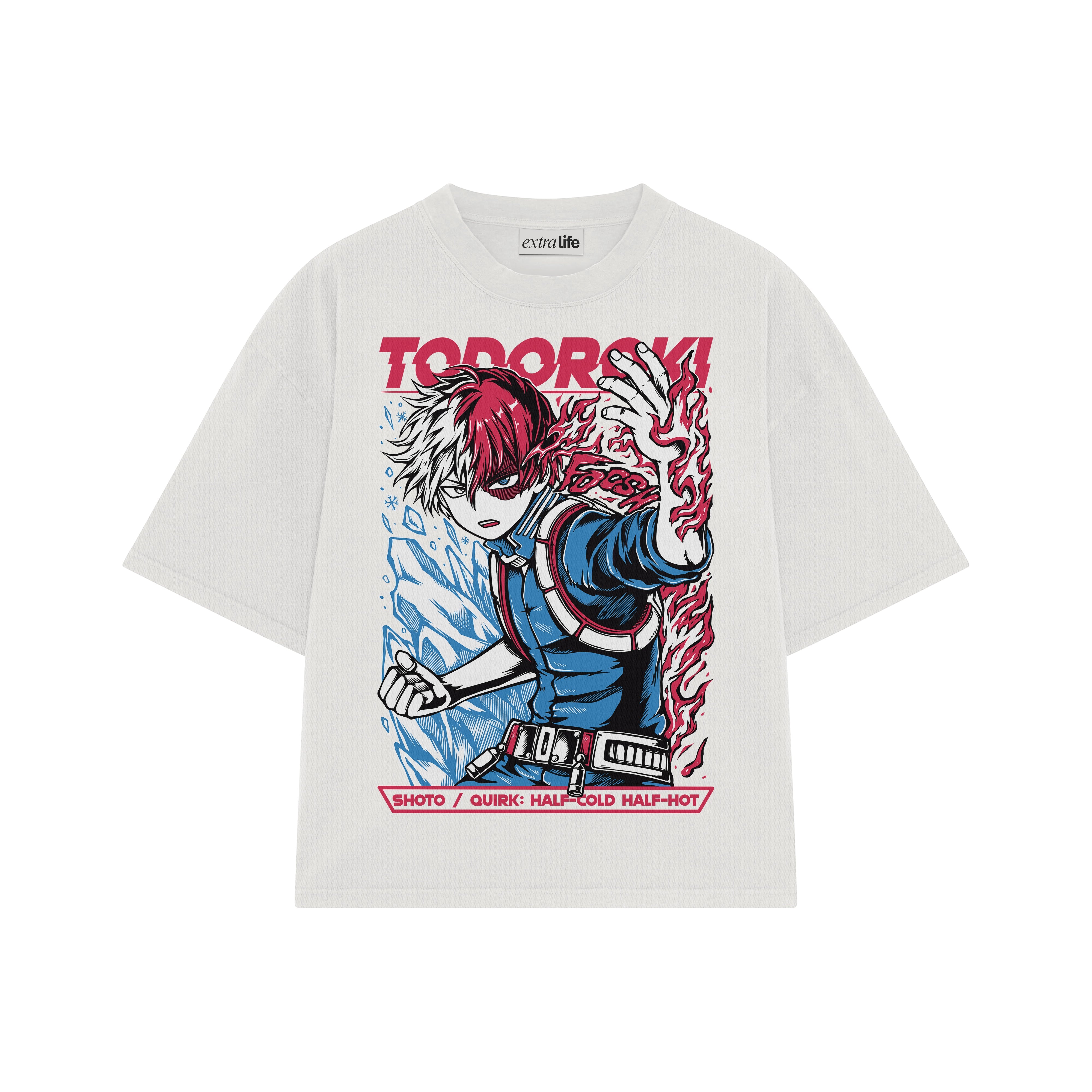 Playera streetwear premium de anime y gaming ExtraLife MX, corte boxy oversized drop shoulder heavyweight en color Deep Black y Off-White, moda urbana mexicana de culto.