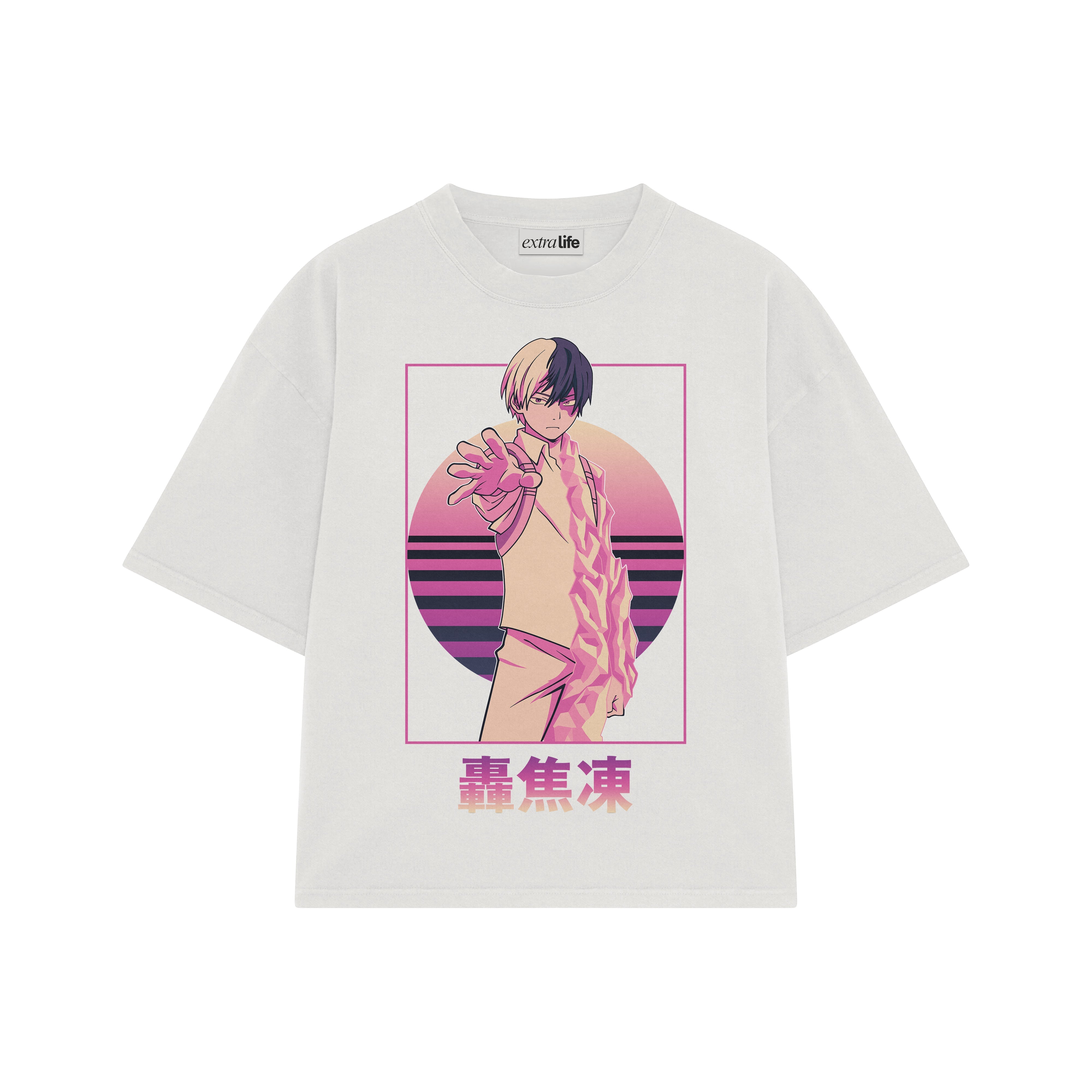 Playera streetwear premium de anime y gaming ExtraLife MX, corte boxy oversized drop shoulder heavyweight en color Deep Black y Off-White, moda urbana mexicana de culto.