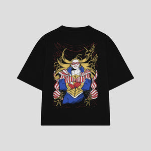 Playera streetwear premium de anime y gaming ExtraLife MX, corte boxy oversized drop shoulder heavyweight en color Deep Black y Off-White, moda urbana mexicana de culto.