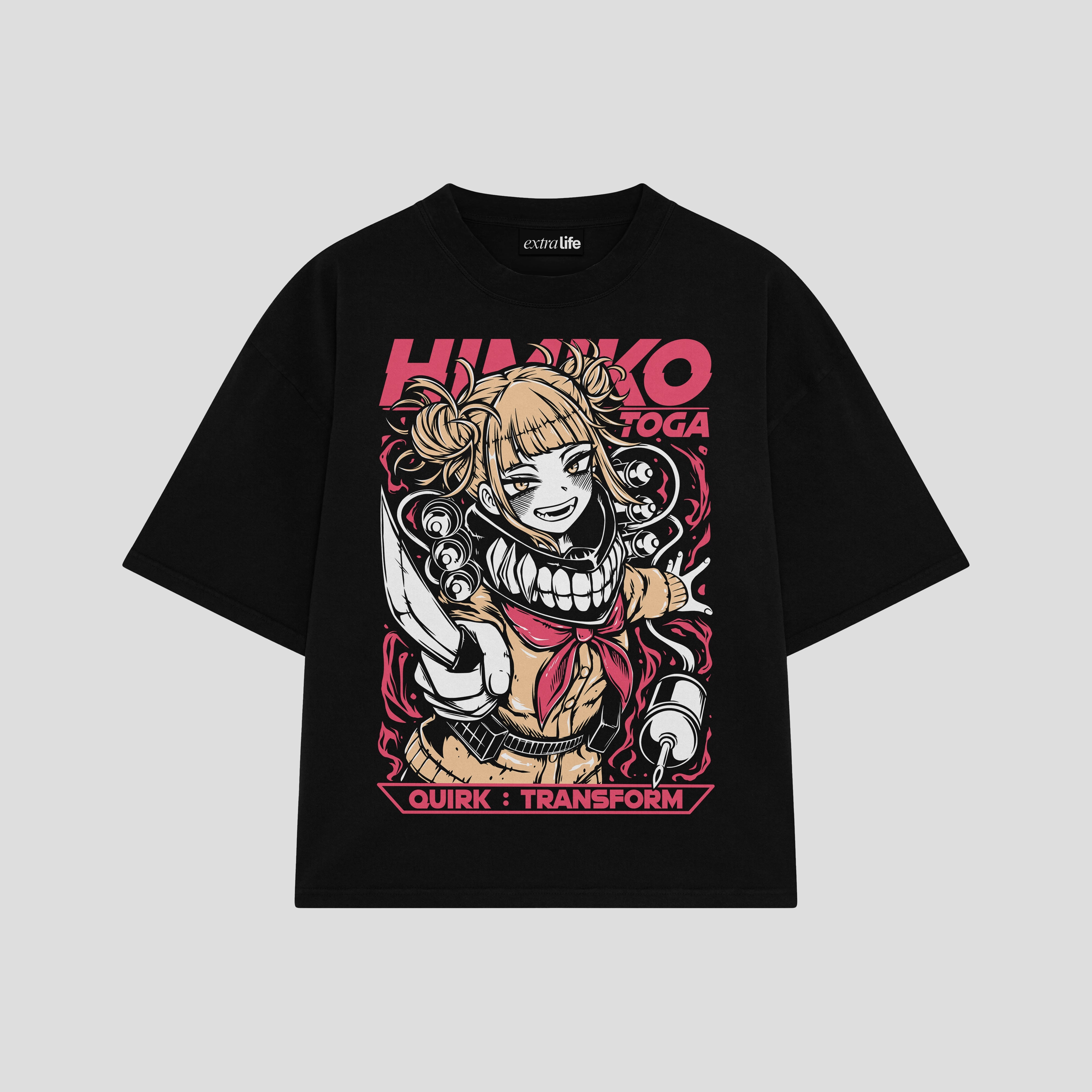 Playera streetwear premium de anime y gaming ExtraLife MX, corte boxy oversized drop shoulder heavyweight en color Deep Black y Off-White, moda urbana mexicana de culto.