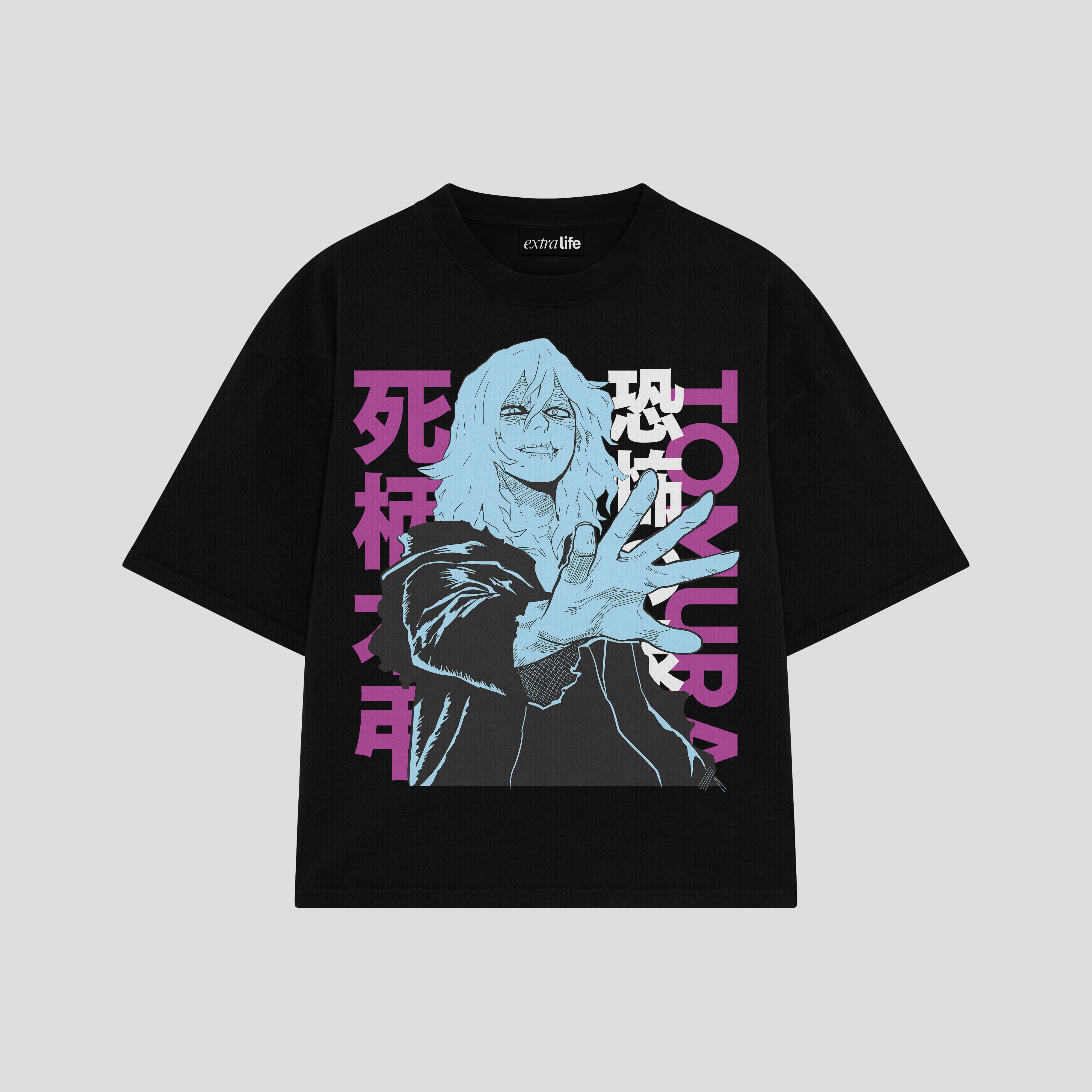 Playera streetwear premium de anime y gaming ExtraLife MX, corte boxy oversized drop shoulder heavyweight en color Deep Black y Off-White, moda urbana mexicana de culto.