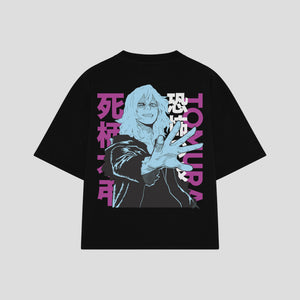 Playera streetwear premium de anime y gaming ExtraLife MX, corte boxy oversized drop shoulder heavyweight en color Deep Black y Off-White, moda urbana mexicana de culto.