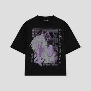 Playera streetwear premium de anime y gaming ExtraLife MX, corte boxy oversized drop shoulder heavyweight en color Deep Black y Off-White, moda urbana mexicana de culto.