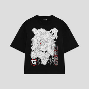 Playera streetwear premium de anime y gaming ExtraLife MX, corte boxy oversized drop shoulder heavyweight en color Deep Black y Off-White, moda urbana mexicana de culto.
