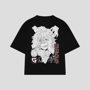 Playera streetwear premium de anime y gaming ExtraLife MX, corte boxy oversized drop shoulder heavyweight en color Deep Black y Off-White, moda urbana mexicana de culto.