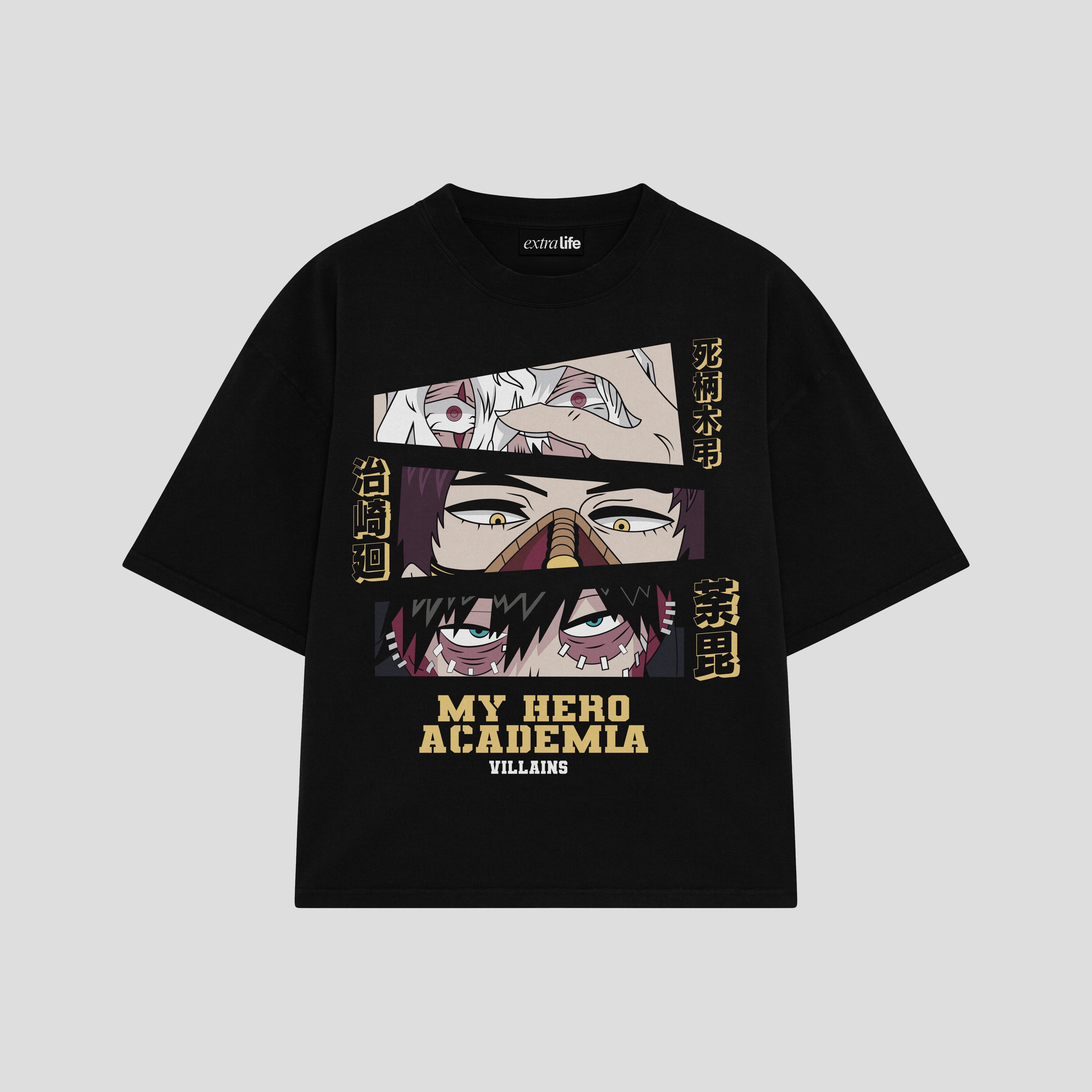 Playera streetwear premium de anime y gaming ExtraLife MX, corte boxy oversized drop shoulder heavyweight en color Deep Black y Off-White, moda urbana mexicana de culto.