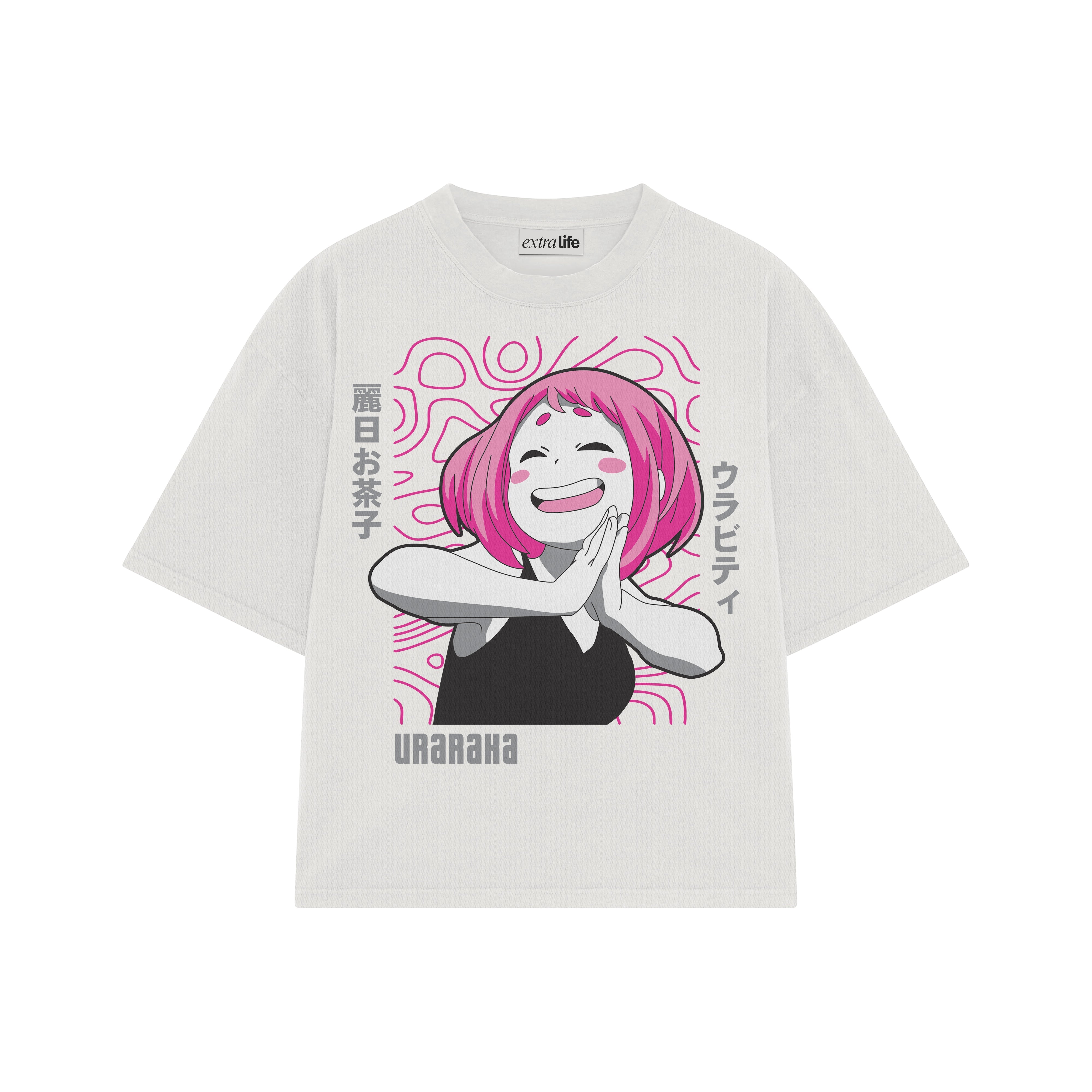 Playera streetwear premium de anime y gaming ExtraLife MX, corte boxy oversized drop shoulder heavyweight en color Deep Black y Off-White, moda urbana mexicana de culto.